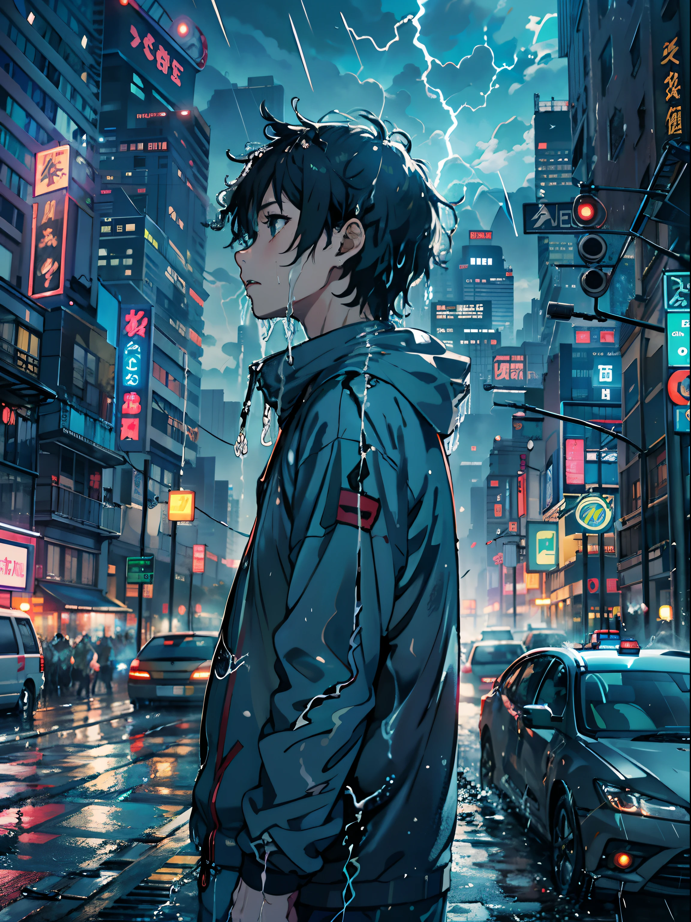 1 boy, boy、wet body、Anime-style protagonist、looking at camera、cyberpunk boy、The beginning of the adventure、(soaking wet:2)、(lightning:1.5)、Lots of clouds,濃いfog、fog,It was chaotic city of the future、movie dystopia、Skyscrapers towering in the center、very complex cityscape,Crowded skyscrapers in China、road signs、street light、taxi、bus、train、Blue lighting,dark road、lots of puddles、It was chaotic、Beautiful and fantastic scenery、cinematic scenery、high quality、table top,In 8K、High resolution、