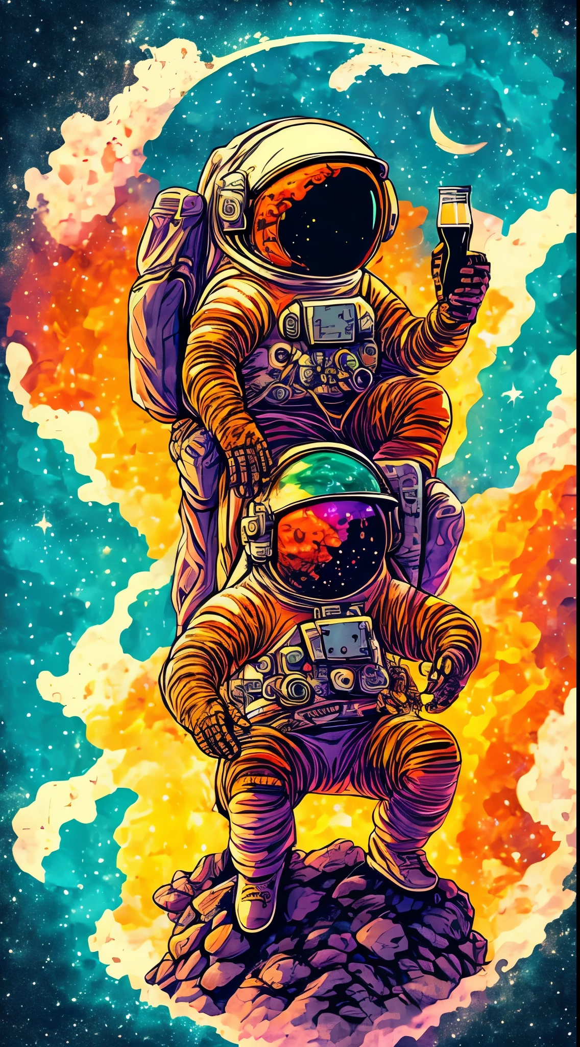 An astronaut sitting on a rock in a relaxed position, com uma cerveja, in circle, com fundo preto e estilo de vetor de arte, in a vibrant and characteristic sunset, with detailed and sharp outline, como um logotipo de camiseta no estilo de arte