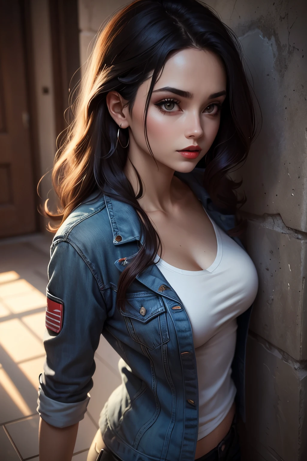 Woman, casual clothing, eyeliner, red lips, 2d background, Surrealism, cinematic lighting, from above, god rays, UHD, ccurate, masterpiece, textured skin, super detail, high quality, leaning against the wall