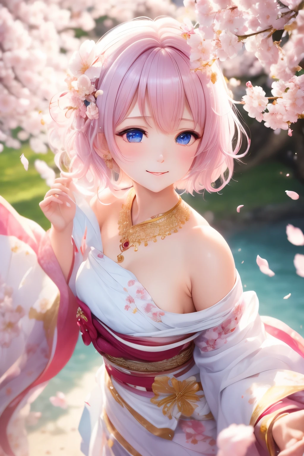 best quality, 32k, RAW photo, sakura maiden, an innocent and beautiful girl like a cherry blossom, glossy messy pixie cut, cherry blossom kimono, translucent and fluttery pastel colored hagoromo, sensual expression, mysterious, incredibly absurdres, extremely detailed, delicate texture, background iridescent pastel color, blooming profusely, cherry blossoms, cherry blossom petals, dancing petals, scattered gold dust, wind, motion-blur, action-lines, fantasy