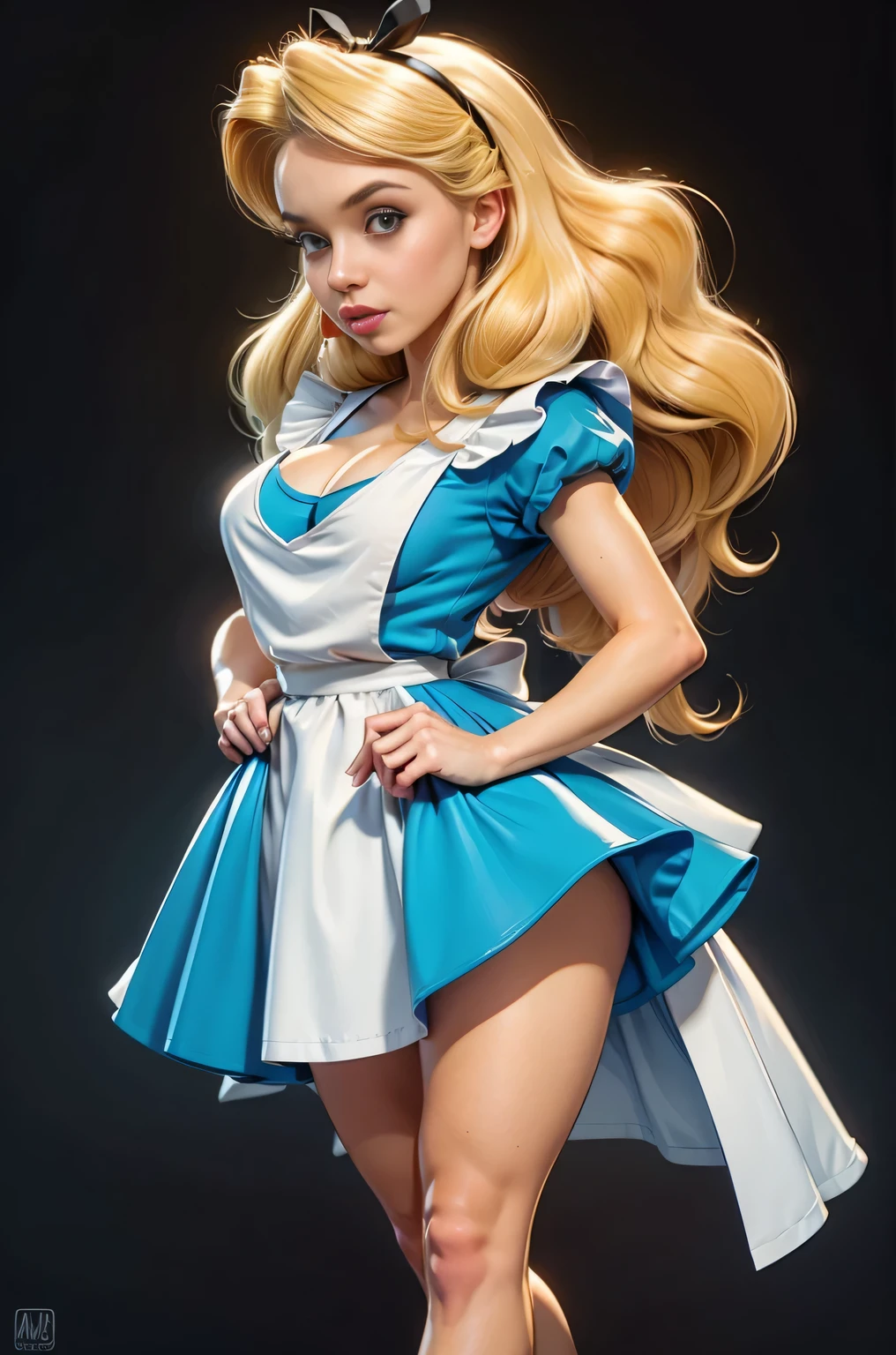 masterpiece, 1girl, solo, make her a sexy Alice in Wonderland with blonde hair, powder blue dress with white apron, white stockings, cleavage, dynamic, ultra high def, 32k, (perfect anatomy:1.5), perfect legs, in the style of Artgerm and Adam Hughes, perfect arms, downblouse