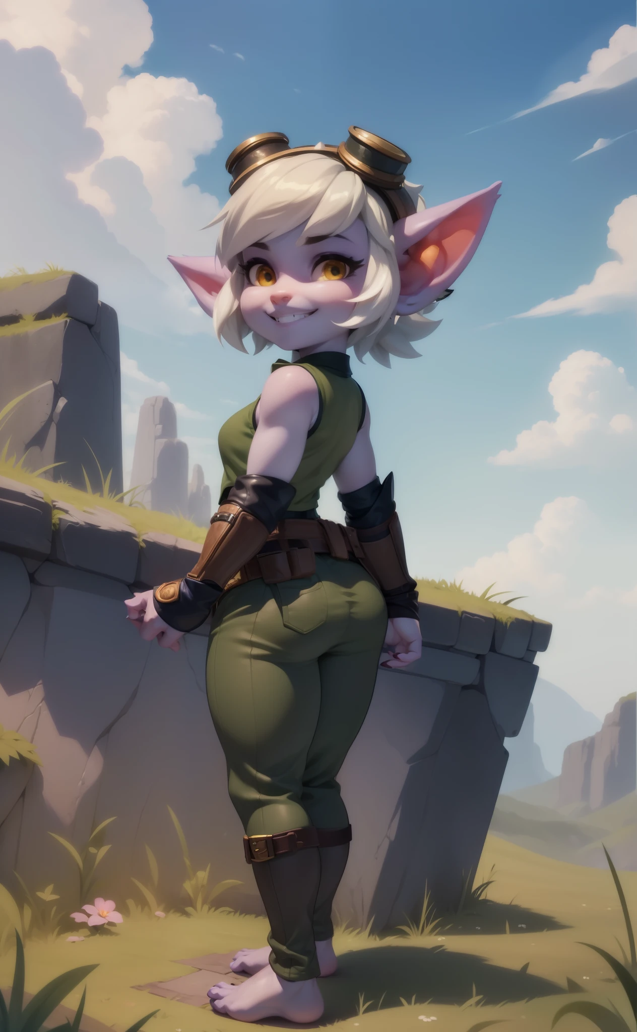 [tristana], [LOL], ((masterpiece)), ((HD)), ((high res)), ((beautiful render art)), ((solo portrait)), ((full body)), ((back view)), ((feet visible)), ((detailed shading)), {(attractive), (short), yordle, (purple skin), (elf ears), (short white hair), (cute brown eyes), (detailed iris), (short eyelashes), (sharp nails), (curvy hips), (detailed abs), (thick thighs), (detailed legs), (beautiful legs), (beautiful feet), (detailed toes), (cute smile), (excited expression)}, {(green sleeveless shirt), (tight green pants), (brown belt), (utility belt), (brown gauntlets), (fingerless gloves), (toeless socks), (goggles on head)}, {(standing), (looking back at viewer)}, [background; (forest), (blue sky), (sun rays), (ambient lighting)]