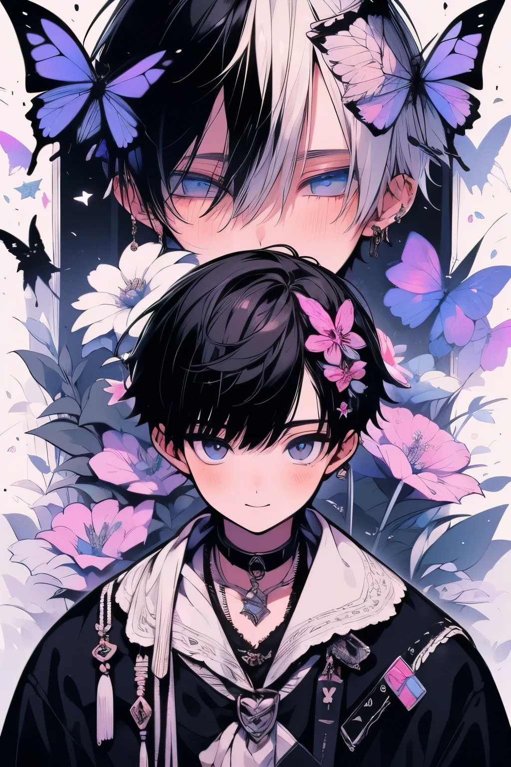 (muste piece), (highest quality), very detailed, (two boys:1.4), Upper body shot，perfect face, beautiful face, very detailed顔，flower，butterfly々，flowerびら，Light，(smile:1.3)，(black-haired young man:1.4)，(white-haired young man:1.4)