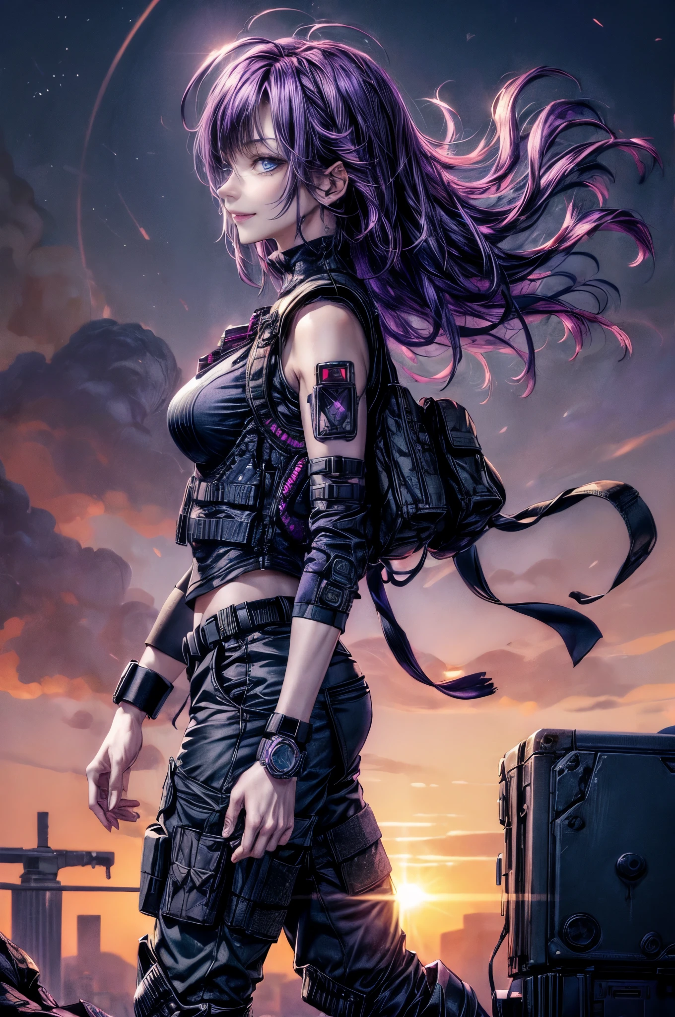 cinematic lighting、highest quality,cyberpunk world、1 female、(25 year old beautiful woman、Detailed beautiful facial features、medium hairの紫髪、shoulder length hair、messy hair、blue eyes、profile:1.4)(put your hand on your face、How evil people laugh、crazy smile:1.6)break,medium hair、(明るいpurple hair:1.5)
BREAK
((techno tactical) theme:1.4), (tactical vest over a high-tech thermal shirt, paired with reinforced cargo pants and smart boots:1.3), (equipped with LED wristbands, a smartwatch:1.3),
BREAK.(purple hair:1.4)(evil smile:1.4)
(You can see the morning sun、on the cliff、Endless sky:1.2)BREAK(portrait angle)
