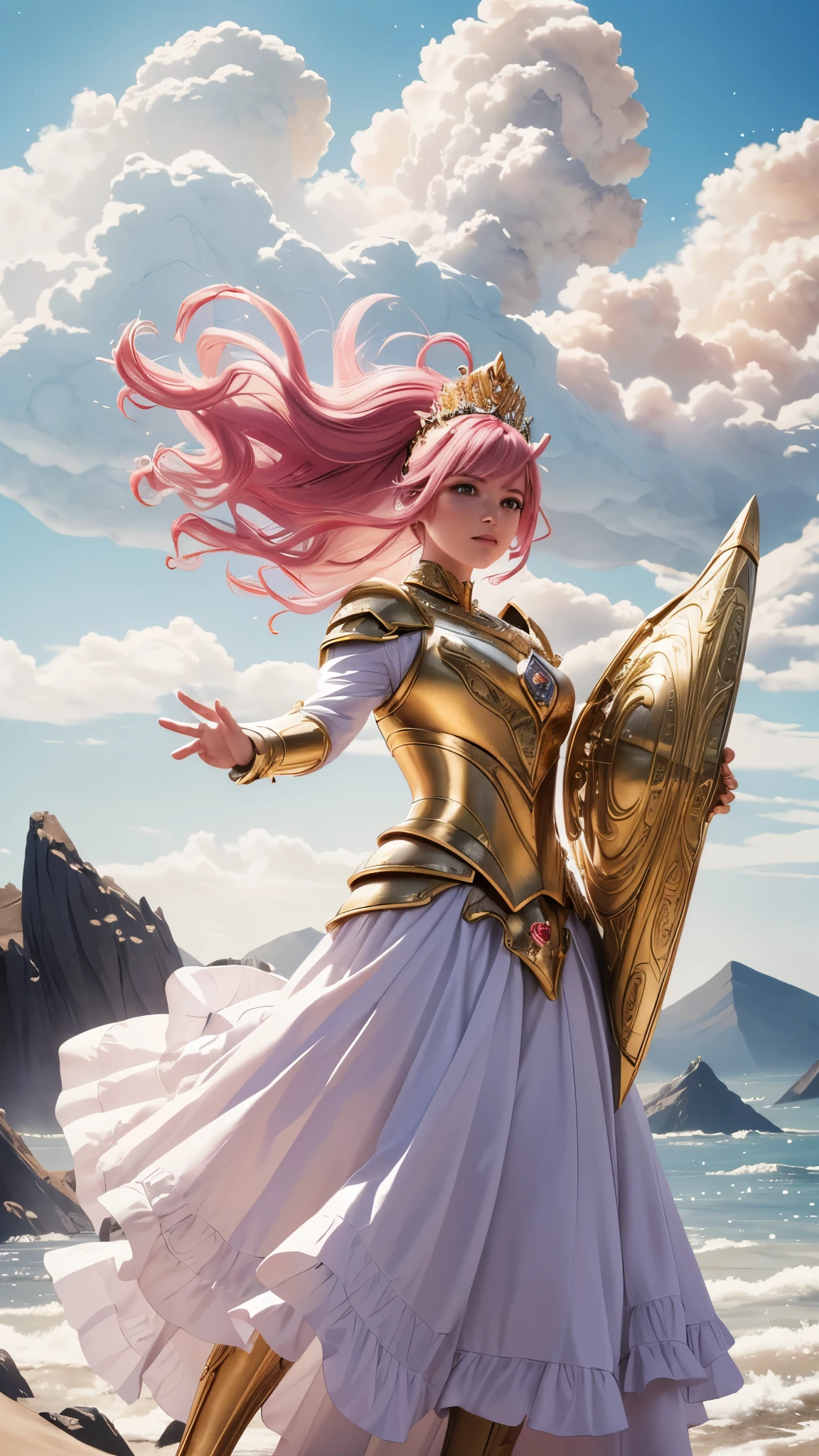 (highres:1.2),Armored Alien Princess,pink hair,wind-based powers,strong winds,hovering above the ground,flowing skirt,blowing in the wind,regal aura,ethereal beauty,sparkling eyes,long eyelashes,floating gracefully,alien technology,intricate armor,detailed helmet,golden accents,sci-fi style,glowing energy,commanding presence,celestial glow,vivid colors,royal insignia,captivating gaze,crown on head,wind manipulation,flight,graceful movements,majestic landscape,floating islands,clouds in vibrant hues,gentle breeze,air currents,sparkling particles in the wind,light rays illuminating the princess,ethereal lighting,cosmic background,otherworldly atmosphere
