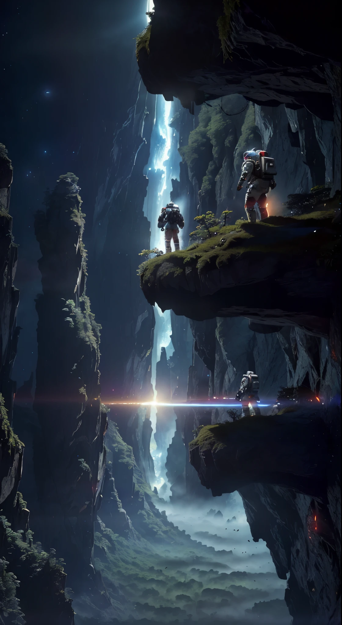 (35mmstyle:1.2), Highly detailed RAW color Photo, Rear Angle, Full Body, of (female space marine, wearing white and red space suit, futuristic helmet, tined face shield, rebreather, accentuated booty), outdoors, (standing on Precipice of tall rocky mountain, looking out at magical lush green rain forest on alien planet), vivid detail, (exotic alien planet), toned body, big butt, (sci-fi), (mountains:1.1), (lush green vegetation), (two moons in sky:0.8), (highly detailed, hyperdetailed, intricate), (lens flare:0.7), (bloom:0.7), particle effects, raytracing, cinematic lighting, shallow depth of field, photographed on a Sony a9 II, 35mm wide angle lens, sharp focus, cinematic film still from Gravity 2013, viewed from behind, dynamic angle