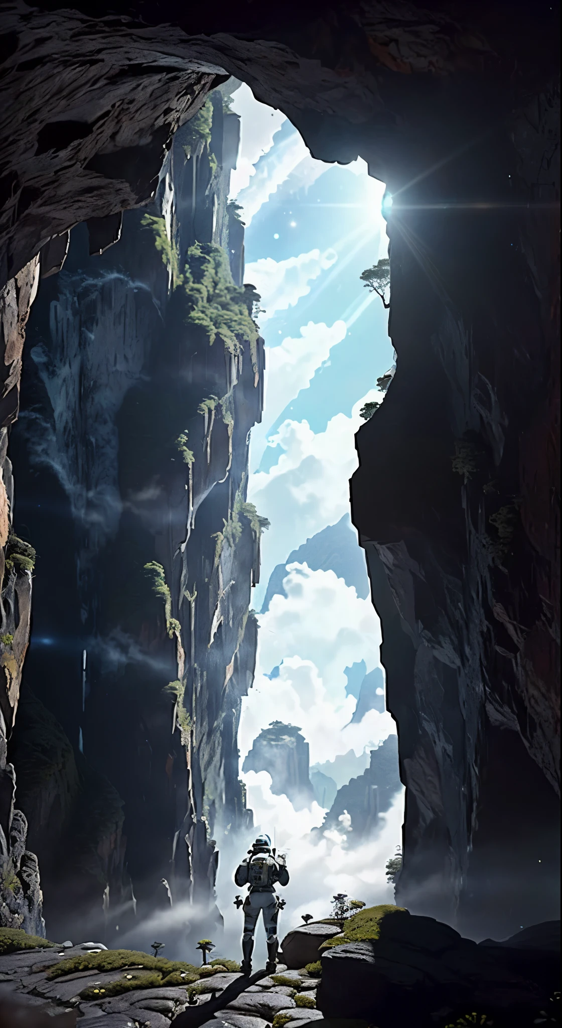 (35mmstyle:1.2), Highly detailed RAW color Photo, Rear Angle, Full Body, of (female space marine, wearing white and red space suit, futuristic helmet, tined face shield, rebreather, accentuated booty), outdoors, (standing on Precipice of tall rocky mountain, looking out at magical lush green rain forest on alien planet), vivid detail, (exotic alien planet), toned body, big butt, (sci-fi), (mountains:1.1), (lush green vegetation), (two moons in sky:0.8), (highly detailed, hyperdetailed, intricate), (lens flare:0.7), (bloom:0.7), particle effects, raytracing, cinematic lighting, shallow depth of field, photographed on a Sony a9 II, 35mm wide angle lens, sharp focus, cinematic film still from Gravity 2013, viewed from behind, dynamic angle