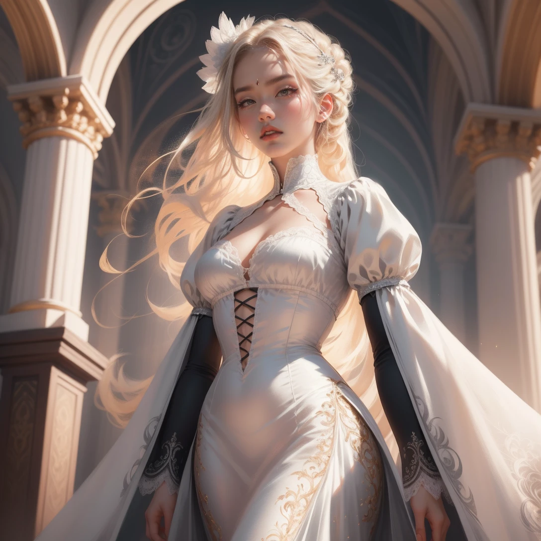 { - anatomy error}(Masterpiece - Ultra-detailed, very high resolution) Prepare to be enchanted by a true masterpiece that combines ultra-detailed art with high-resolution rendering. This work depicts a mesmerizing woman with very long blond hair (1.3) and captivating gray eyes (1.2), emanating an aura of elegance and mystery in Victorian settings. The intricate details and realistic textures invite you to explore every aspect of this enchanting composition. Woman wearing beautiful classic Victorian costume from the year 1878. Red lips. Happy face. Smiling. white (white) dress. Walking, backwards, looking back, dynamic poses. Get ready to dive into a world where beauty and craftsmanship merge perfectly.