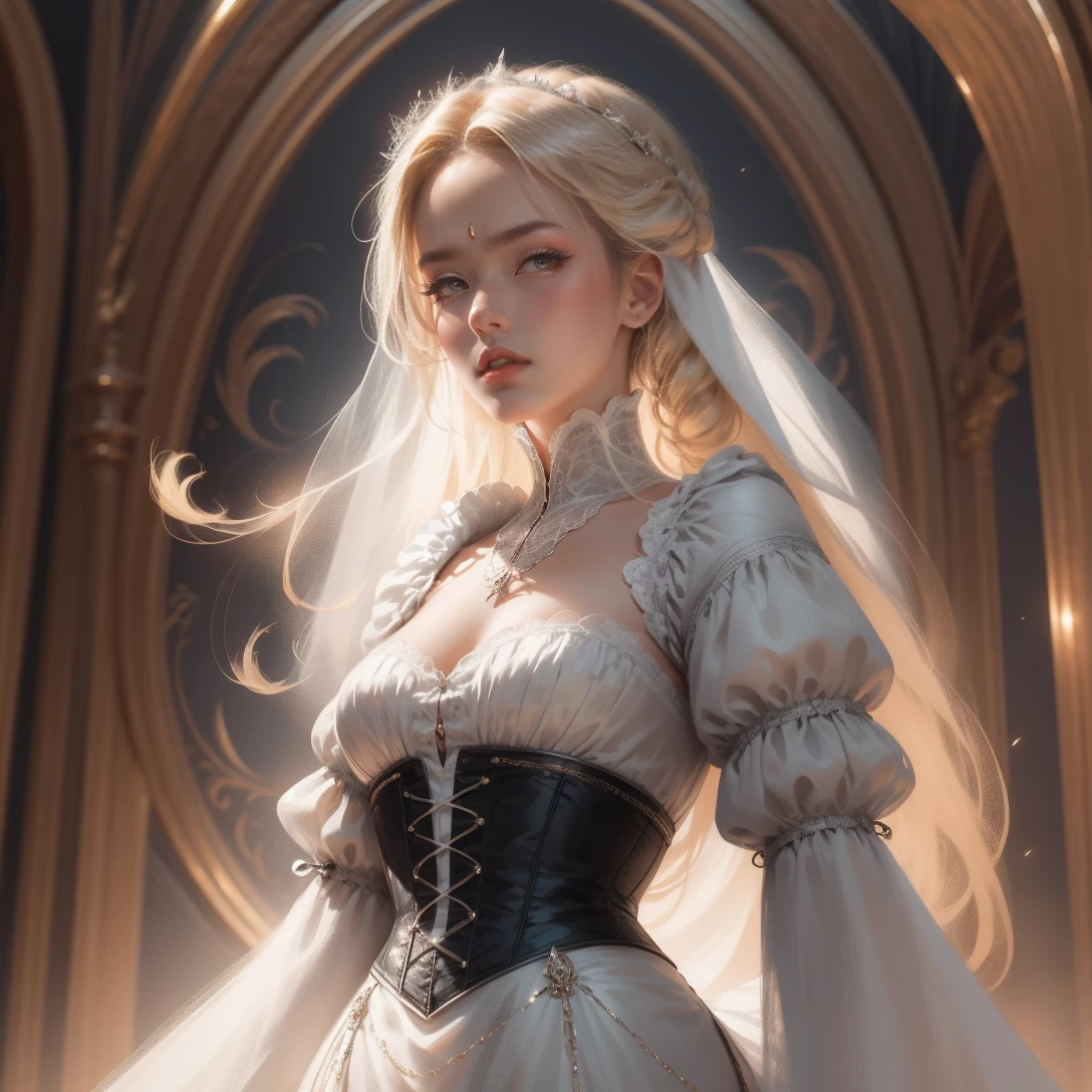 { -  error}(Masterpiece - Ultra-detailed, very high resolution) Prepare to be enchanted by a true masterpiece that combines ultra-detailed art with high-resolution rendering. This work depicts a mesmerizing woman with very long blond hair (1.3) and captivating gray eyes (1.2), emanating an aura of elegance and mystery in Victorian settings. The intricate details and realistic textures invite you to explore every aspect of this enchanting composition. Woman wearing beautiful classic Victorian costume from the year 1878. Red lips. Happy face. Smiling. white (white) dress. Walking, backwads, looking back, dynamic poses. Get ready to dive into a world where beauty and craftsmanship merge perfectly.