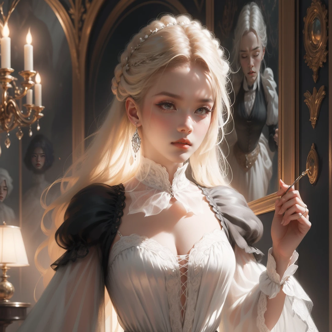 { - anatomy error}(Masterpiece - Ultra-detailed, very high resolution) Prepare to be enchanted by a true masterpiece that combines ultra-detailed art with high-resolution rendering. This work depicts a mesmerizing woman with very long blond hair (1.3) and captivating gray eyes (1.2), emanating an aura of elegance and mystery in Victorian settings. The intricate details and realistic textures invite you to explore every aspect of this enchanting composition. Woman wearing beautiful classic Victorian costume from the year 1878. Red lips. Happy face. Smiling. white (white) dress. Walking, backwards, looking back, dynamic poses. Get ready to dive into a world where beauty and craftsmanship merge perfectly.