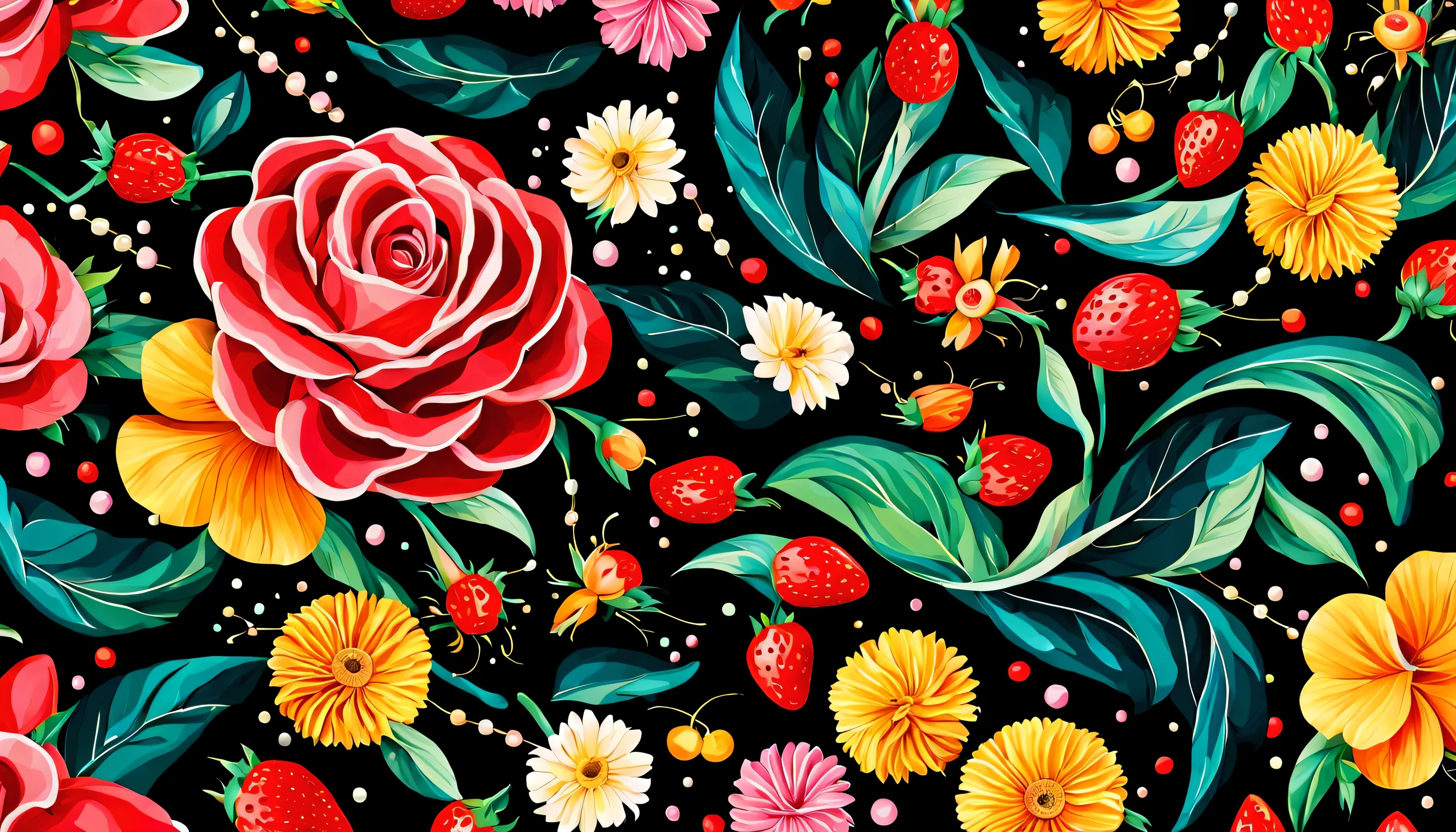 ((RED background))  Seas of freshness with the Ocean Rose — ocean breeze, sun-bleached driftwood, and a touch of salty sea air. colorful pearls, jewels, ((butterfly)), ((yellow small stars)), (strawberry), rose,  || (embroidery) seamless pattern, fruit, butterfly, Best quality, masterpiece, ultra high res, (photo realistic:1.4), surrealism, dream-like, ((abstract art)), vector arts, a close up of a floral pattern on black background, floral wallpaper, ornate floral, floral pattern, floral explosion, floral! intricate, floral flowers colorful, chinoiserie pattern, flowery wallpaper, floral renewal, with colorful flowers and plants, floral dream, garden flowers pattern, floral patterned skin, floral design, floral motives, boho floral vines