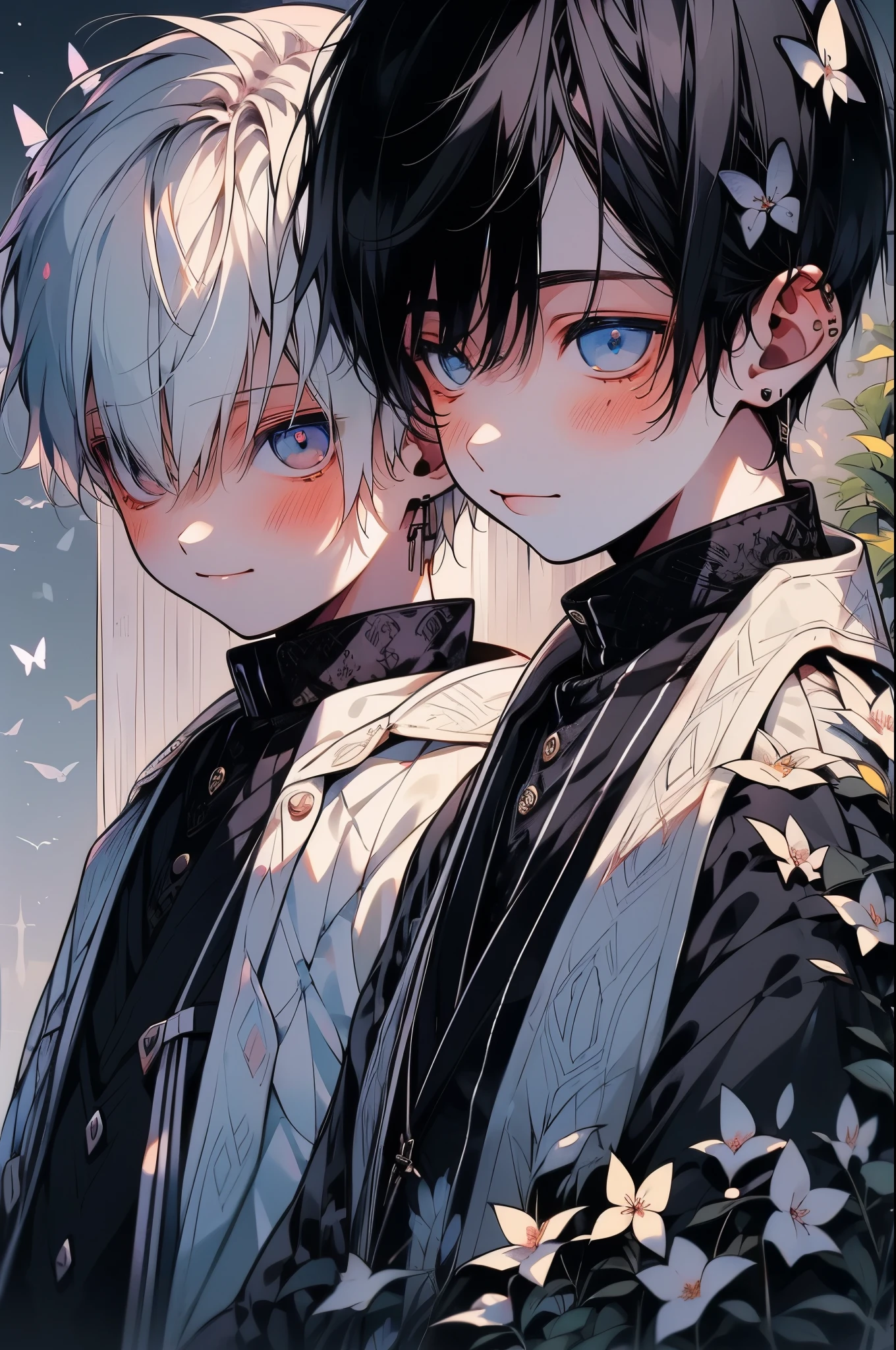 (muste piece), (highest quality), very detailed, (two boys standing next to each other:1.4), Upper body shot，perfect face, beautiful face, very detailed顔，flower，butterfly々，flowerびら，Light，(smile:1.3)，(black-haired young man:1.4)，(white-haired young man:1.4)