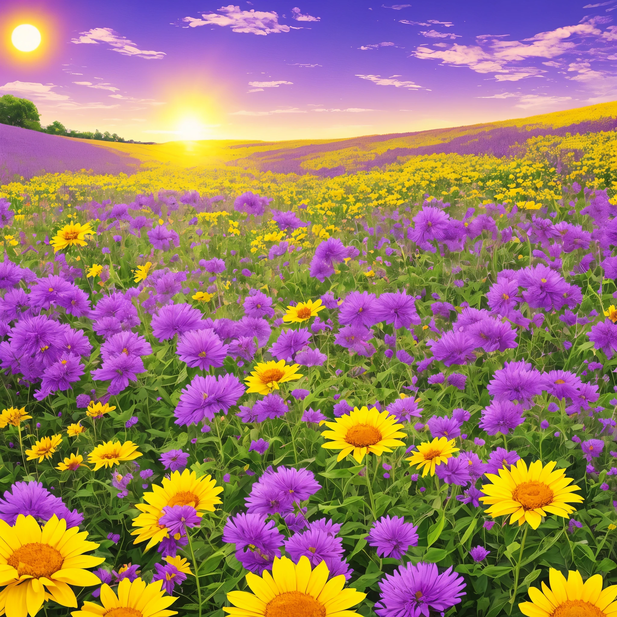 purple flowers in a field with a yellow sun in the background, a gouache by Kishi Ganku, Artstation, conceptual art, jen bartel, brittney lee, kilian eng vibrant colours, kilian eng vibrant colors, plants growing on it. gouache, luminescent plants, ilya kuvshinov landscape, detailed beautiful plants, blue and purple plants