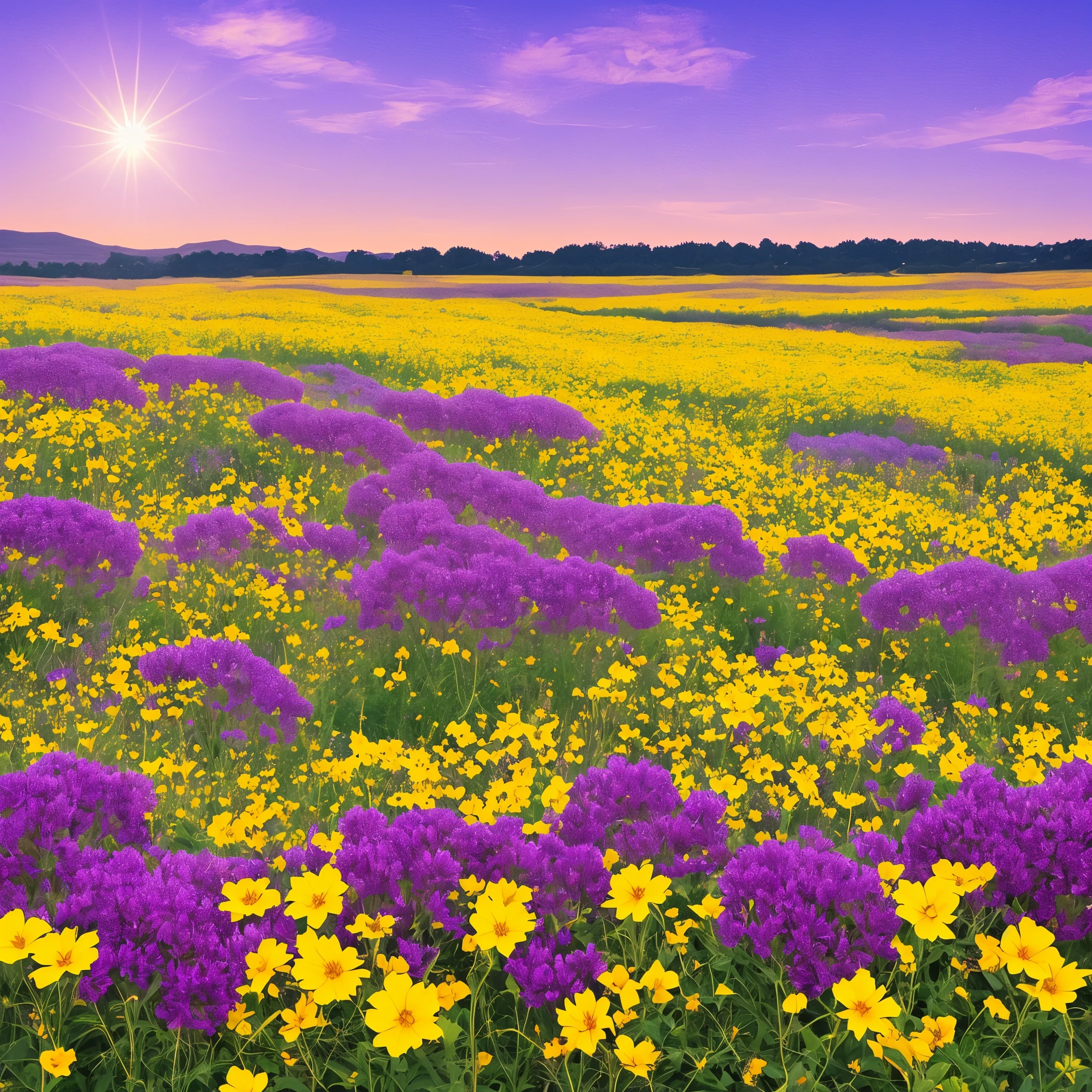 purple flowers in a field with a yellow sun in the background, a gouache by Kishi Ganku, Artstation, conceptual art, jen bartel, brittney lee, kilian eng vibrant colours, kilian eng vibrant colors, plants growing on it. gouache, luminescent plants, ilya kuvshinov landscape, detailed beautiful plants, blue and purple plants