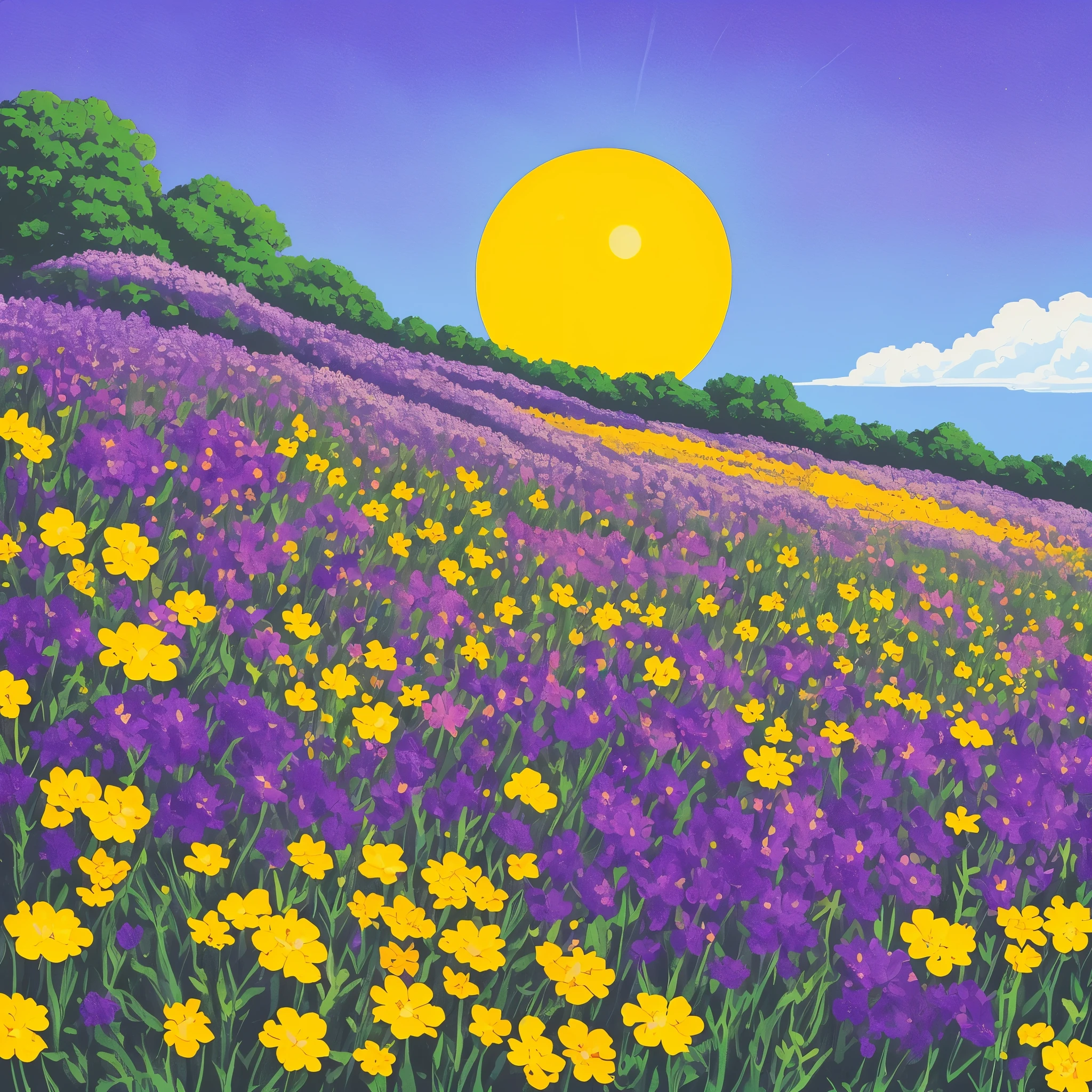 purple flowers in a field with a yellow sun in the background, a gouache by Kishi Ganku, Artstation, conceptual art, jen bartel, brittney lee, kilian eng vibrant colours, kilian eng vibrant colors, plants growing on it. gouache, luminescent plants, ilya kuvshinov landscape, detailed beautiful plants, blue and purple plants