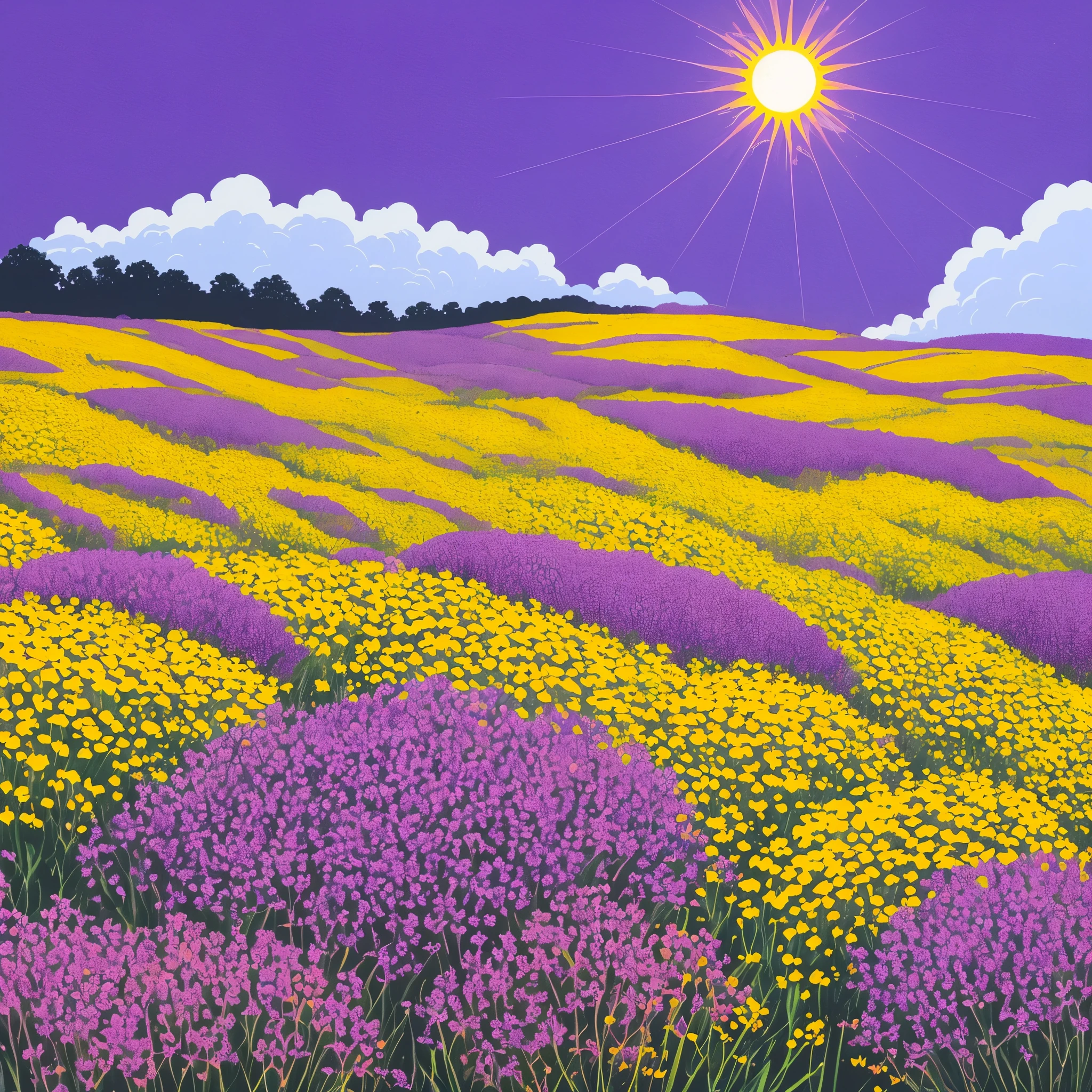 purple flowers in a field with a yellow sun in the background, a gouache by Kishi Ganku, Artstation, conceptual art, jen bartel, brittney lee, kilian eng vibrant colours, kilian eng vibrant colors, plants growing on it. gouache, luminescent plants, ilya kuvshinov landscape, detailed beautiful plants, blue and purple plants