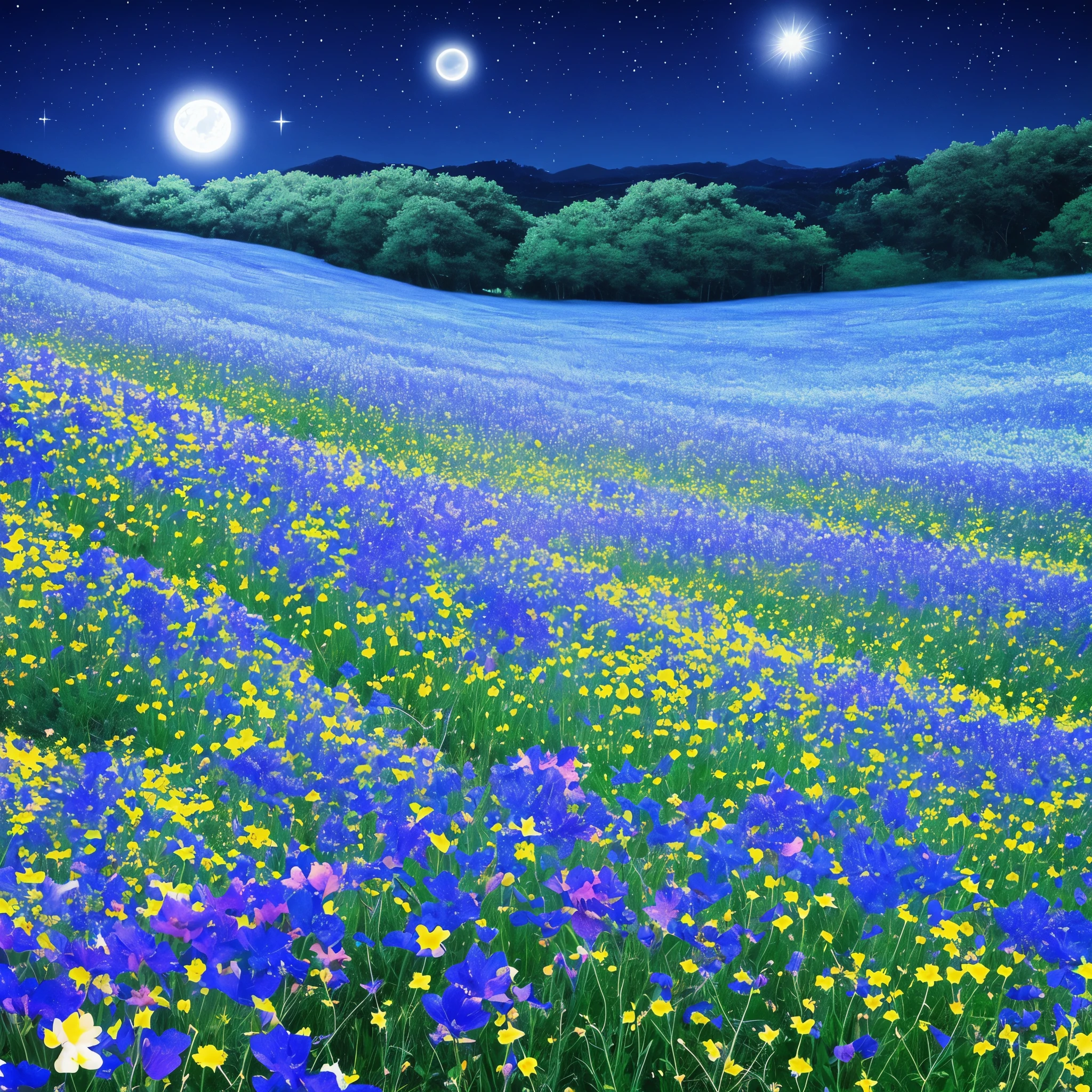 purple flowers in a field with a yellow sun in the background, a gouache by Kishi Ganku, Artstation, conceptual art, jen bartel, brittney lee, kilian eng vibrant colours, kilian eng vibrant colors, plants growing on it. gouache, luminescent plants, ilya kuvshinov landscape, detailed beautiful plants, blue and purple plants