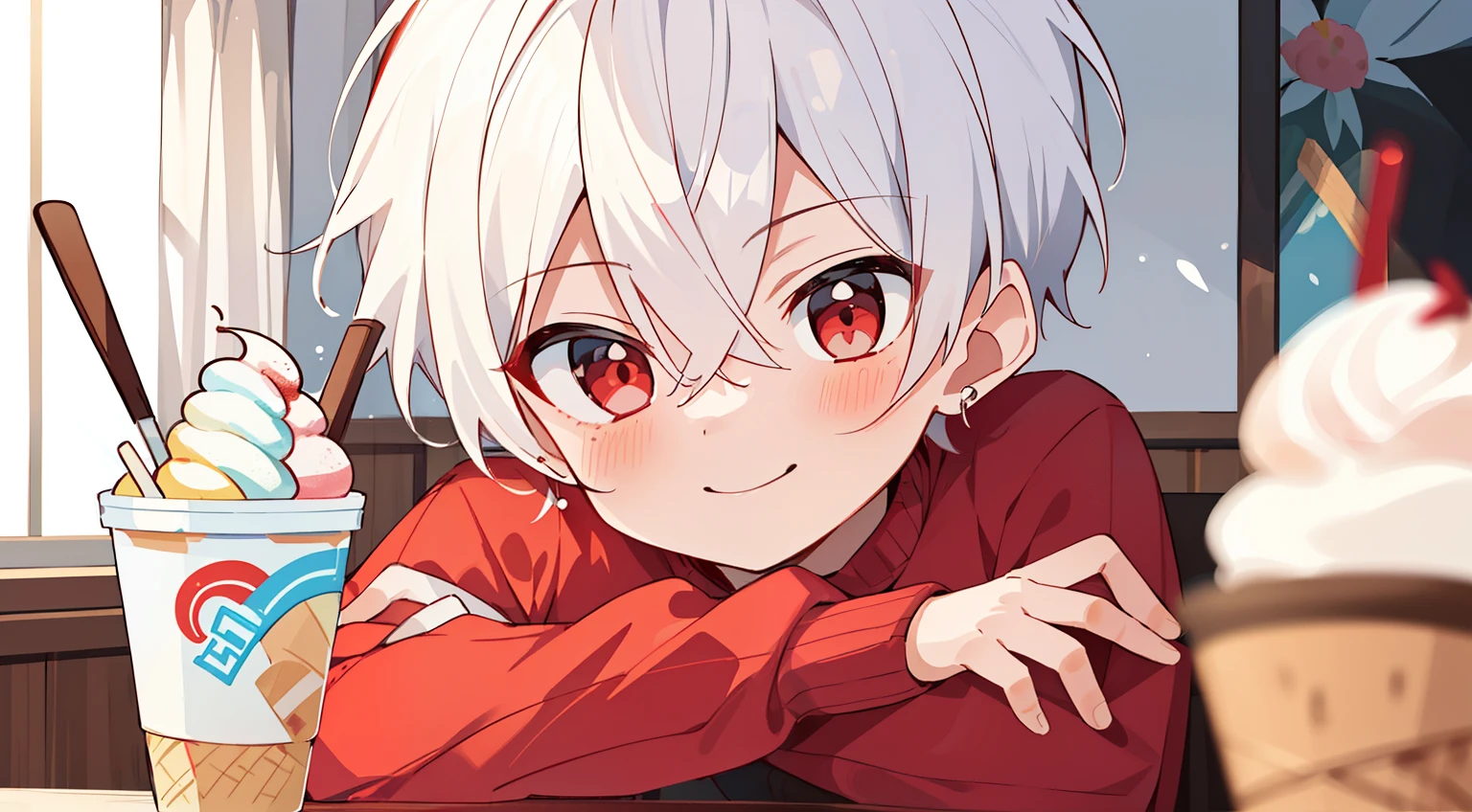 ((masterpiece)),(((best quality))), (high-quality, breathtaking),(expressive eyes, perfect face), 1boy, solo, male, short, young, small boy, short white hair, red eyes, smiling, blushing, long sleeve sweater, short shorts, indoors, eat ice cream, cute, sweet, close up