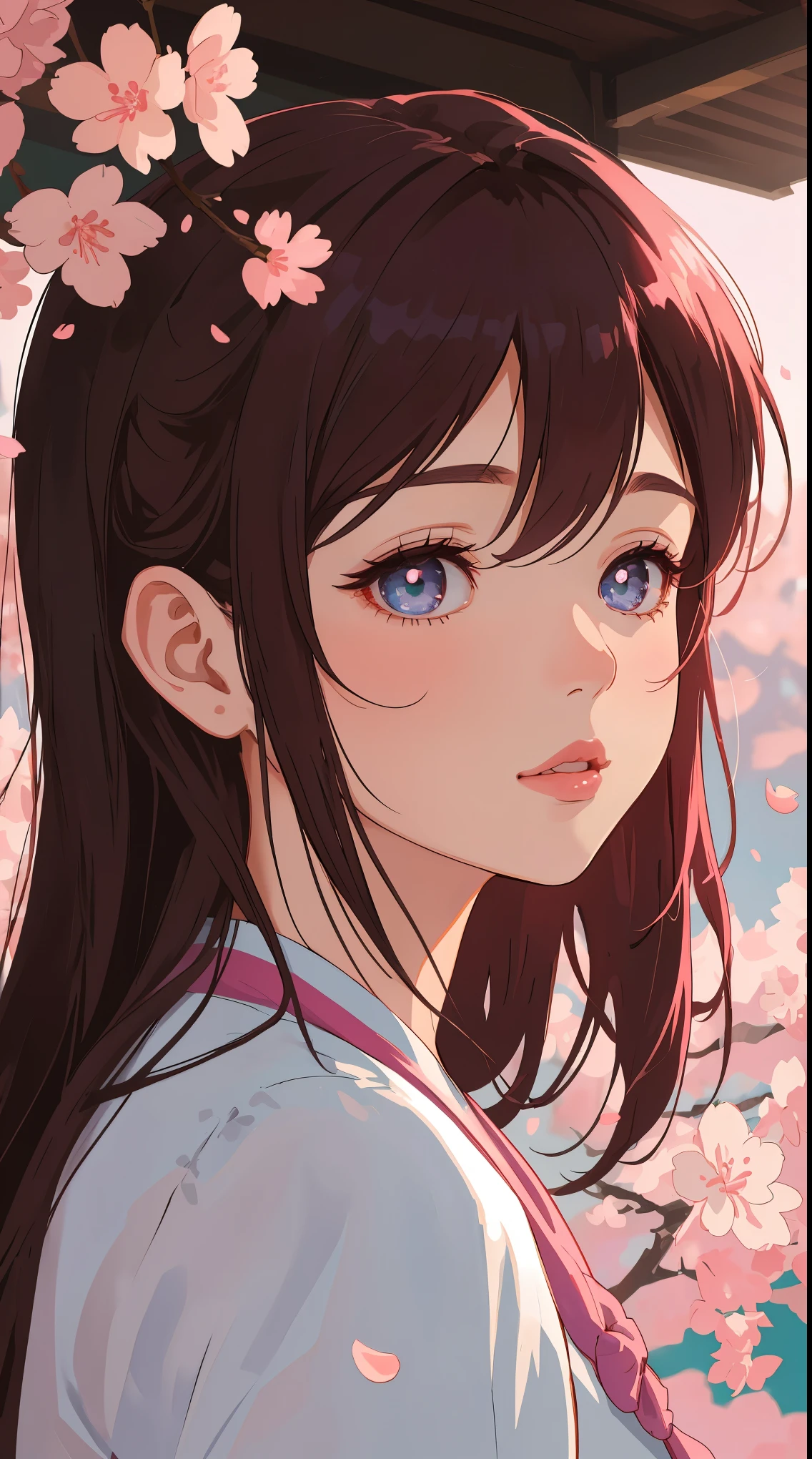 A girl in a cherry blossom garden, dreamy, fantasy, pink colors,illustrative style,ultra-detailed,portrait,beautiful detailed eyes,beautiful detailed lips,soft focus,soft lighting,blurred background,vivid colors,studio lighting,bokeh,highres,anime style