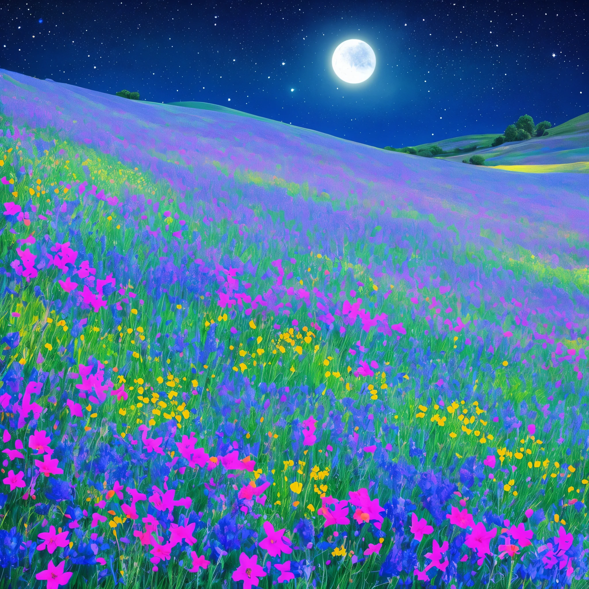 purple flowers in a field with a yellow sun in the background, a gouache by Kishi Ganku, Artstation, conceptual art, jen bartel, brittney lee, kilian eng vibrant colours, kilian eng vibrant colors, plants growing on it. gouache, luminescent plants, ilya kuvshinov landscape, detailed beautiful plants, blue and purple plants