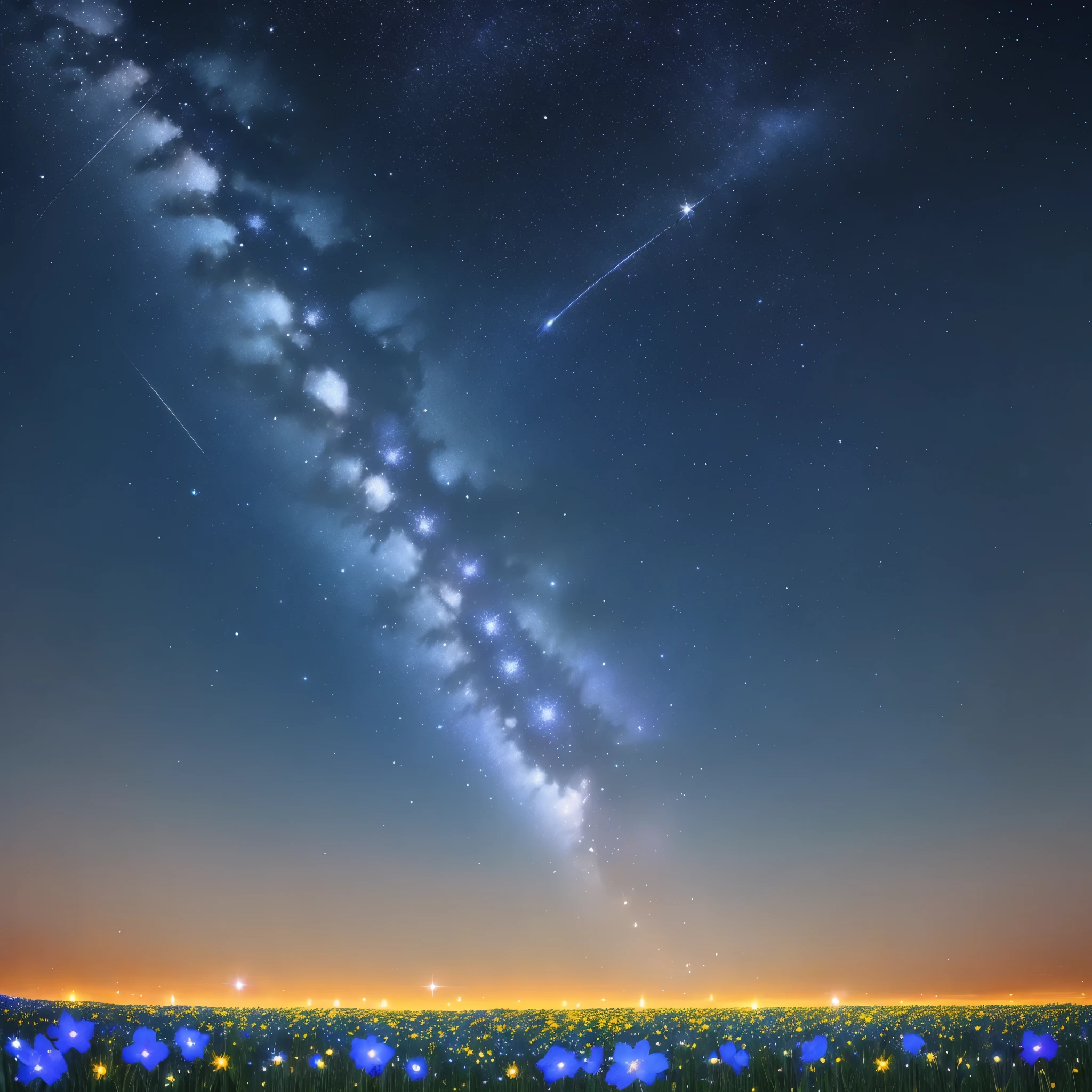 night sky with stars and flowers, field of flowers at night, night sky full of flowers, moonlight shining on wildflowers, blue flower field, luminous flowers, glowing flowers, by Kaii Higashiyama, by Kose Kanaoka, starry-night!!!!!!!!!!!!!!!!!!!!, by Eizan Kikukawa, by Maki Haku, 🌺 cgsociety