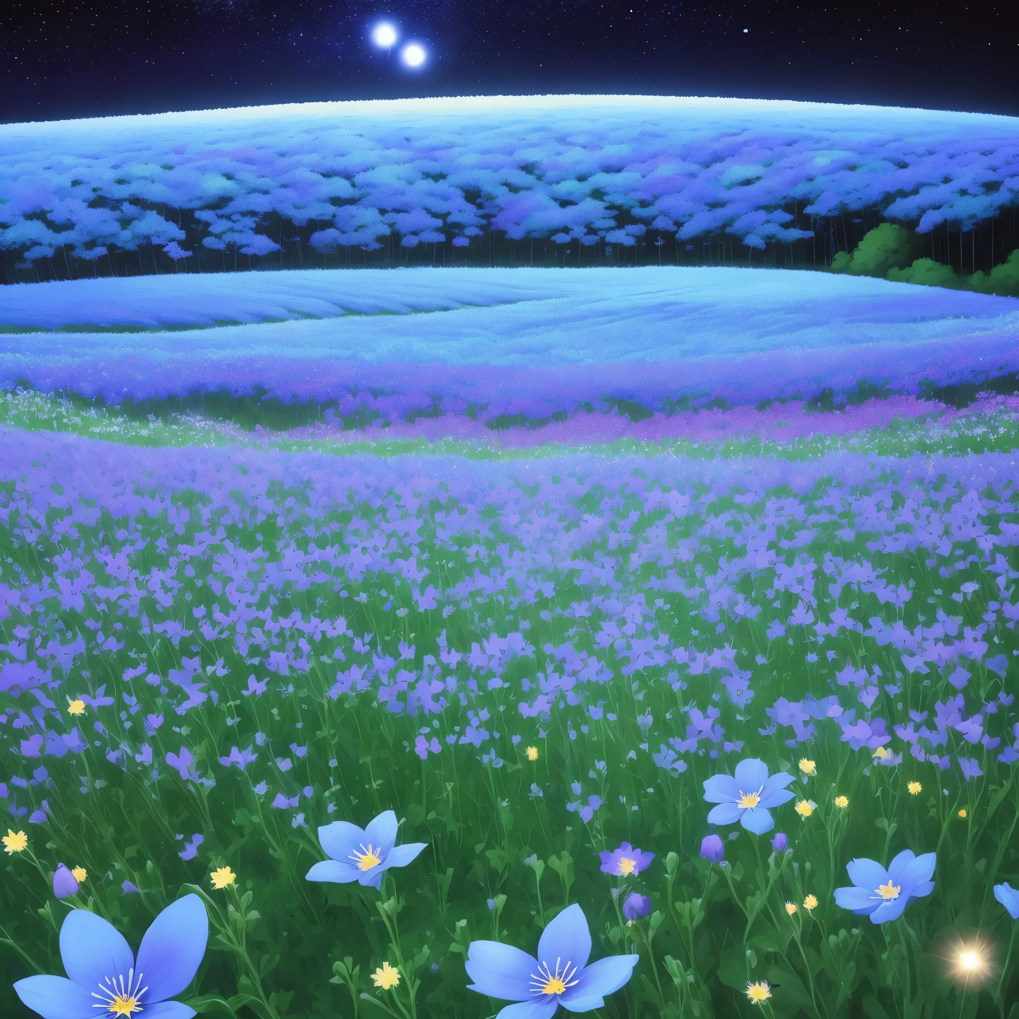 purple flowers in a field with a yellow sun in the background, a gouache by Kishi Ganku, Artstation, conceptual art, jen bartel, brittney lee, kilian eng vibrant colours, kilian eng vibrant colors, plants growing on it. gouache, luminescent plants, ilya kuvshinov landscape, detailed beautiful plants, blue and purple plants