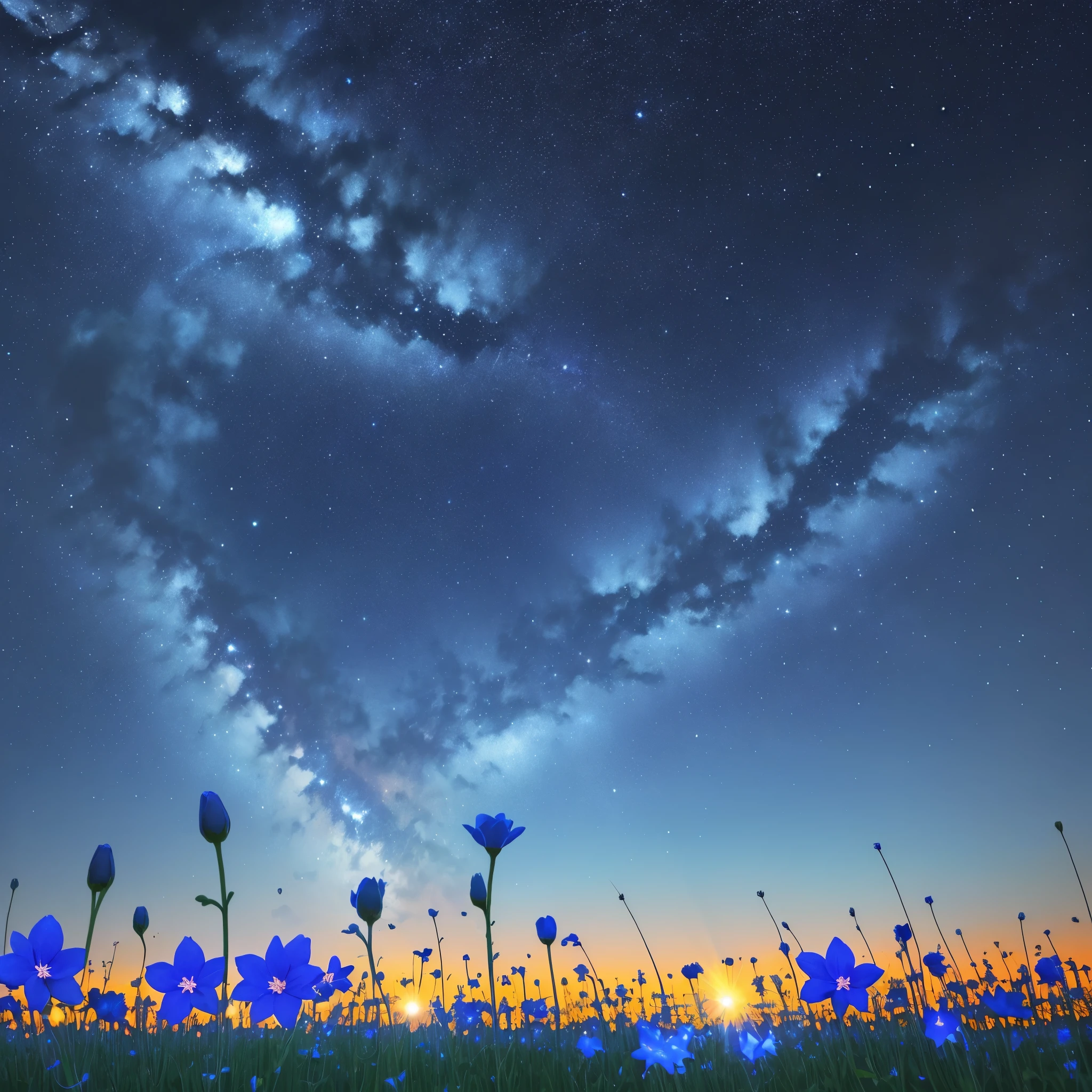 night sky with stars and flowers, field of flowers at night, night sky full of flowers, moonlight shining on wildflowers, blue flower field, luminous flowers, glowing flowers, by Kaii Higashiyama, by Kose Kanaoka, starry-night!!!!!!!!!!!!!!!!!!!!, by Eizan Kikukawa, by Maki Haku, 🌺 cgsociety