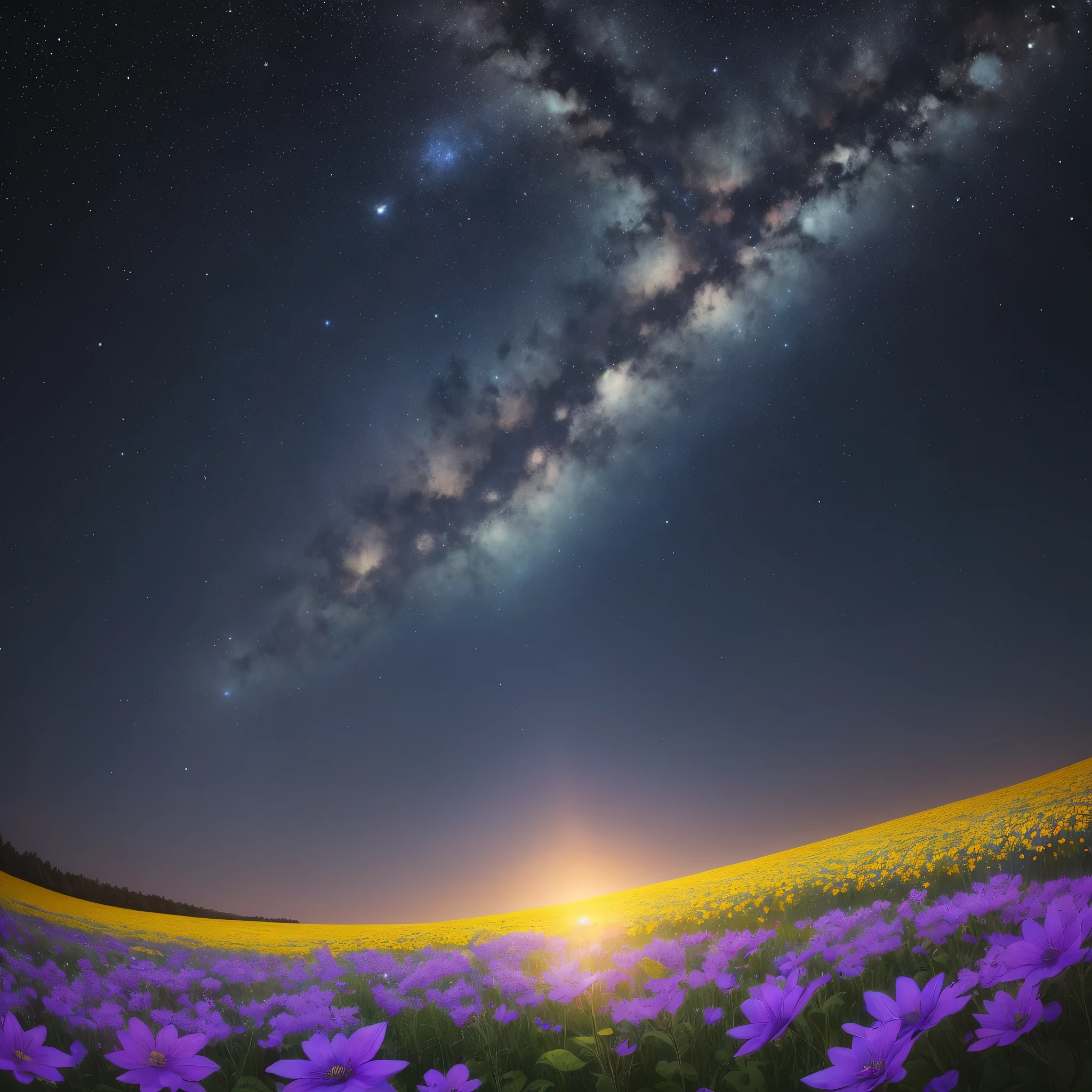 night sky with stars and flowers, a digital painting by Kaii Higashiyama, deviantart, conceptual art, field of flowers at night, night sky full of flowers, moonlight shining on wildflowers, blue flower field, luminous flowers, glowing flowers, starry-night!!!!!!!!!!!!!!!!!!!!, 🌺 cgsociety, blue flowers bloomed all over, blue flowers, blue fireflies