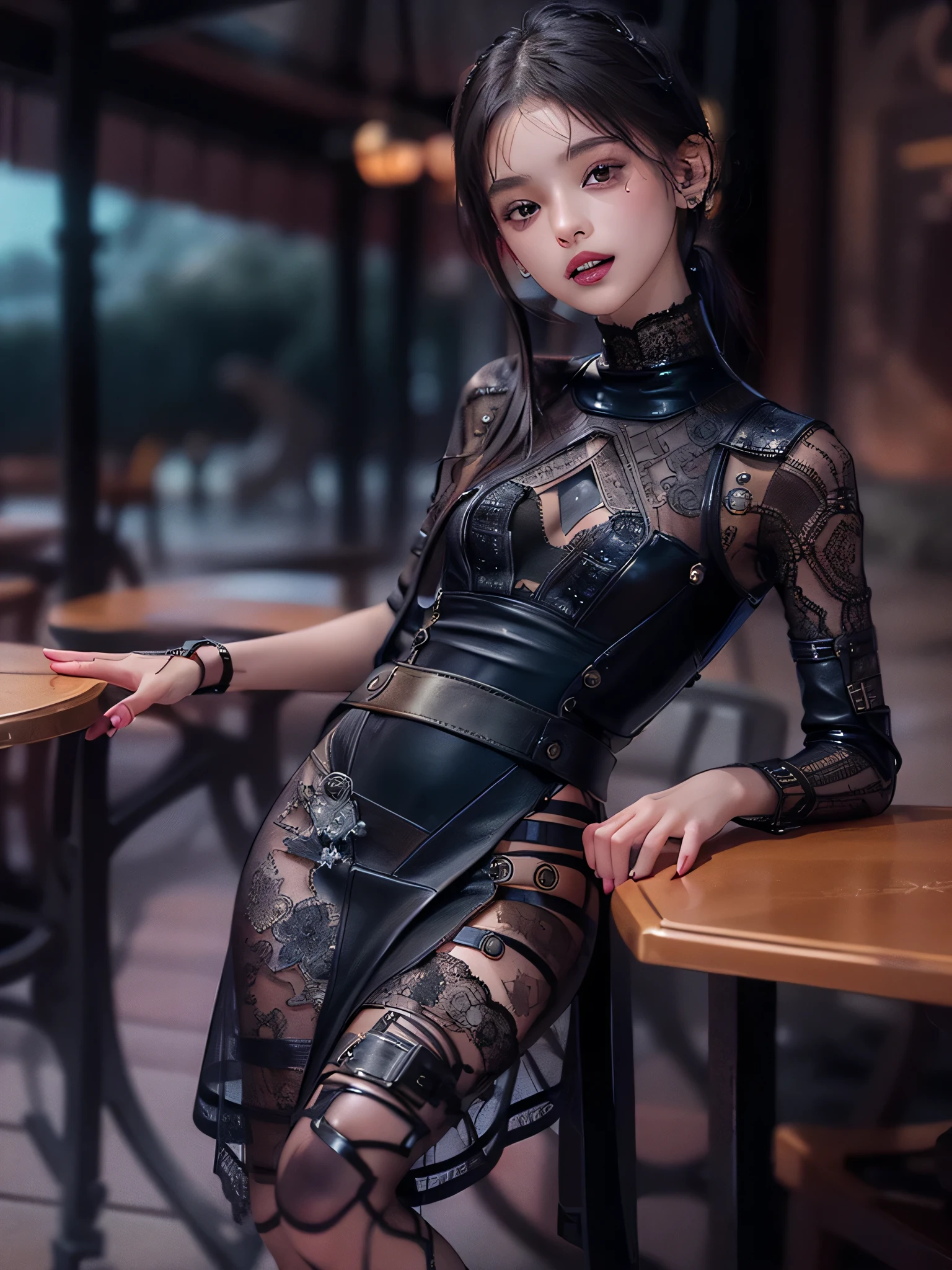 8k, RAW photo, highest quality, masterpiece, realistic, photorealistic, clear, professional lighting, beautiful face, highest quality, ultra high resolution.
       break (whole body.:1.5),  ,(18 years old very beautiful Japanese girl:1.3)
NSFW,

thin, very flat chest, very small breasts


(The supermodel poses in various poses with a confident smile in a photoshoot, :1.4)

(A very stylish cafe terrace at night, magically lit up, :1.3)

(black theme:1.4)
break (futuristic, Stylish and intricately shaped leather dress:1.3)
    break latex, shiny, liquid, rubber, break(turtleneck:1.2),(black theme:1.3),(lace and leather turtleneck,:1.3)Black A-line leather maxi skirt:1.4), 
(lace and leather patchwork:1.5),
(Separate leather dress with intricate triangular silhouette and lace decoration:1.5),
(lace patchwork,:1.4)