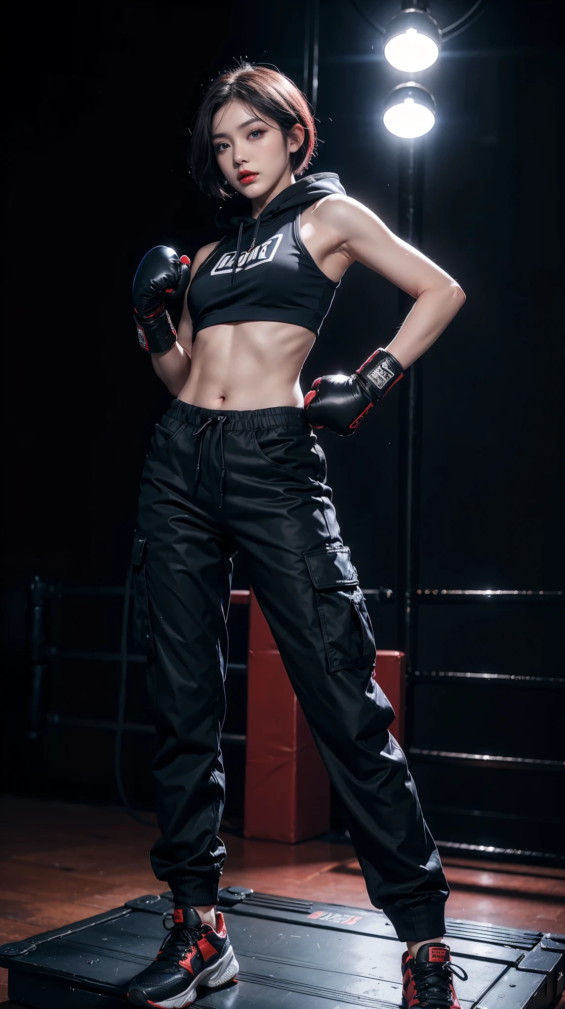 best quality, Clarity, 4k, 8k, detail, actual, Beautiful Girl, Korean makeup, Red lips, blue short haired, Perfect body, stand, pose standing, medium chest, ((black hoodies)), ((black Cargo Box Pants)), (((black boxing gloves))),boxing,dark room background, detail, more details