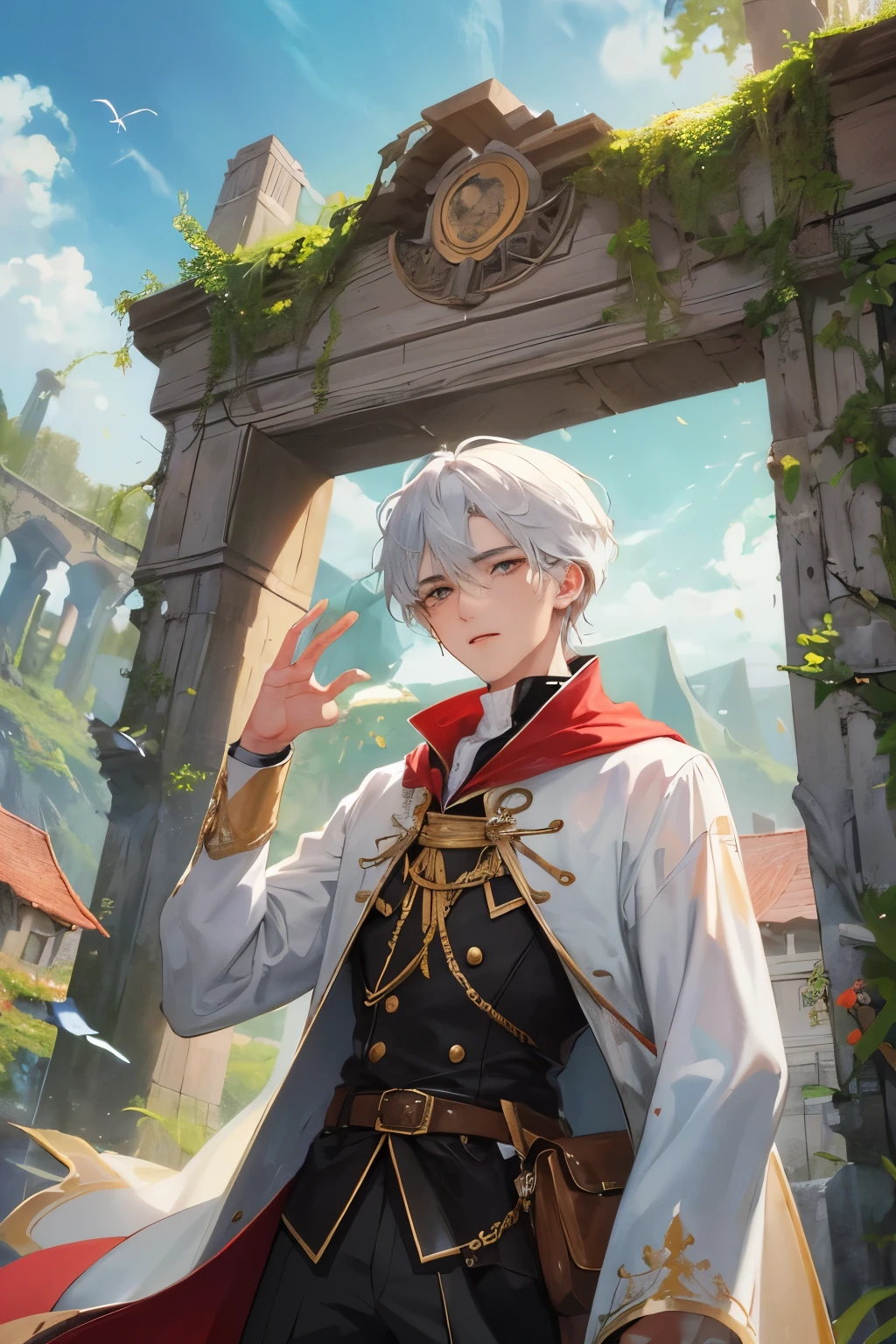 In the heart of the vintage frame, an 18-year-old boy with snowy white hair stands out, his hand raised and directed towards the boundless sky. His attire, a relic of the past, adds to the antiquated charm of the image. The intricate details of the scene reveal others circumambulating him, their figures delicately rendered and slightly blurred by the relatively narrow focus of the camera. The boy, in sharp contrast, is the undisputed central figure, with an inexplicable gaze that transcends the confines of the photograph. The old, textured surface of the picture further heightens the sense of nostalgia, making this a precious visual treasure that