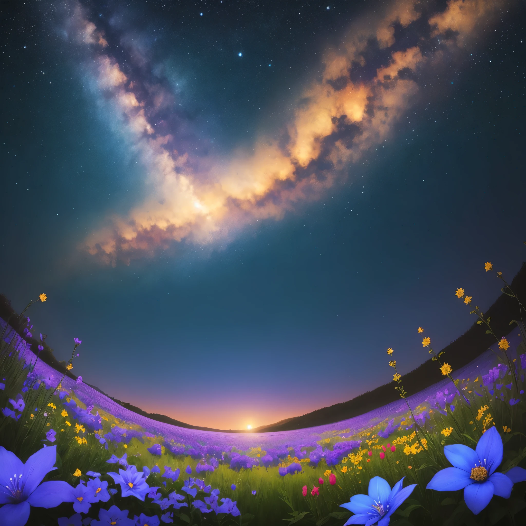night sky with stars and flowers, a digital painting by Kaii Higashiyama, deviantart, conceptual art, field of flowers at night, night sky full of flowers, moonlight shining on wildflowers, blue flower field, luminous flowers, glowing flowers, starry-night!!!!!!!!!!!!!!!!!!!!, 🌺 cgsociety, blue flowers bloomed all over, blue flowers, blue fireflies