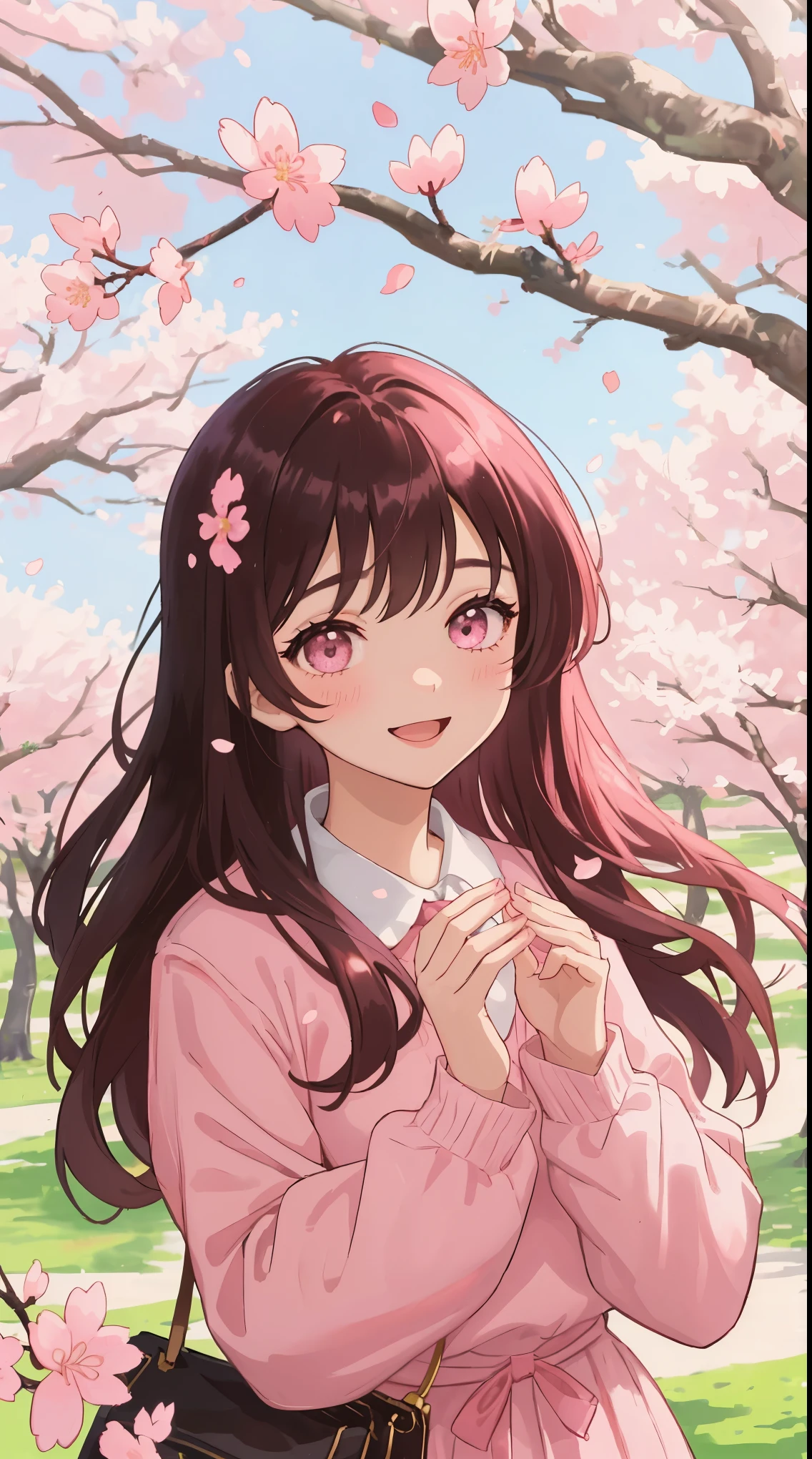 A dreamy scene filled with pink cherry blossoms, where a young girl stands beneath the blooming trees, her face radiant with the joy of spring's beauty. The girl is dressed in a pink outfit that blends harmoniously with the surrounding blossoms. The image should convey a gentle and ethereal atmosphere, capturing the essence of youthful dreams and the magic of cherry blossom season.