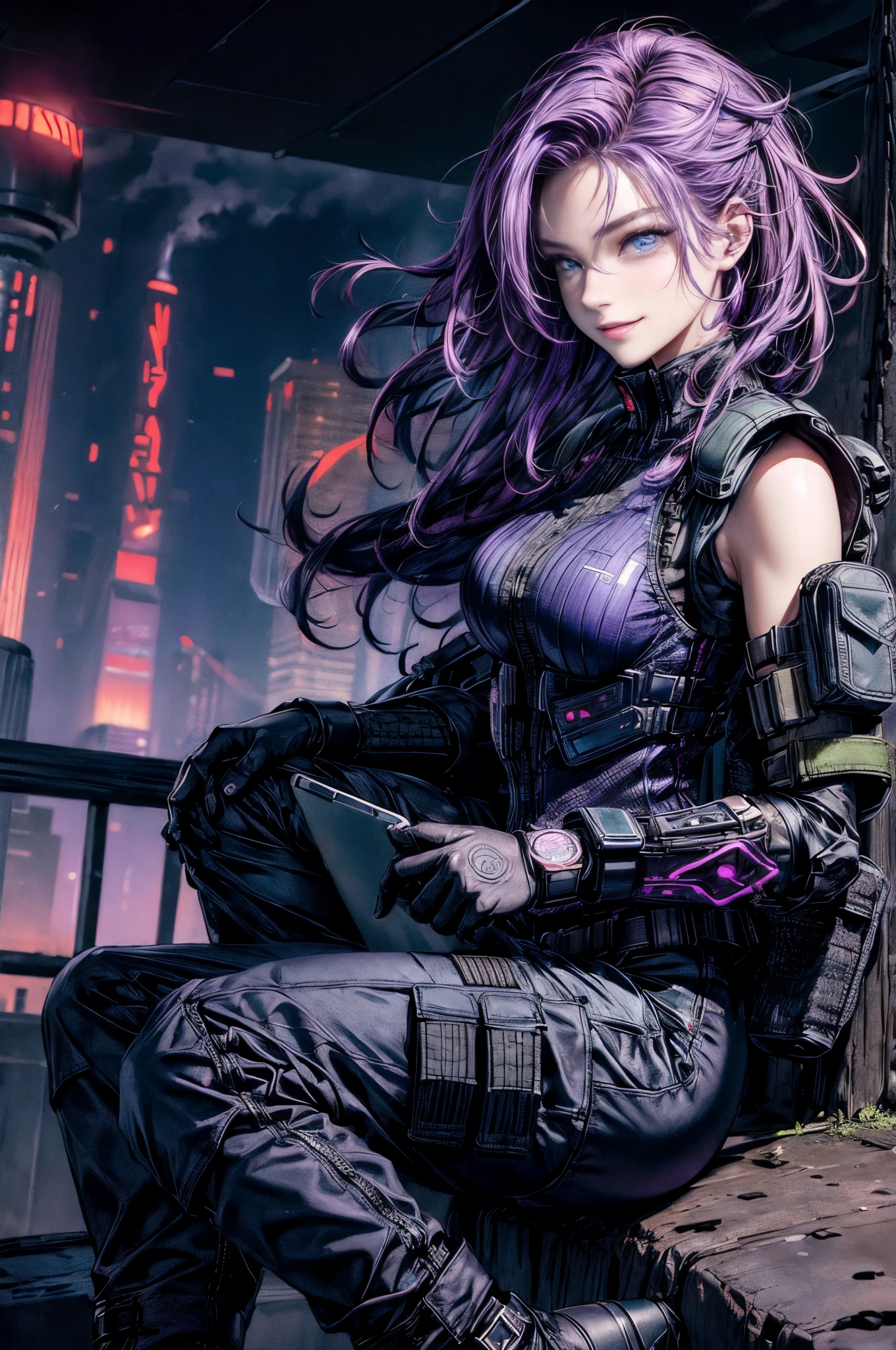 cinematic lighting、highest quality,cyberpunk world、1 female、(25 year old beautiful woman、Detailed beautiful facial features、medium hairの紫髪、shoulder length hair、messy hair、blue eyes、profile:1.4)(long hair:0.1)（put your hand on your face、scary way to laugh、crazy smile:1.6）break,medium hair、（明るいpurple hair:1.5）
BREAK
((techno tactical) theme:1.4), (tactical vest over a high-tech thermal shirt, paired with reinforced cargo pants and smart boots:1.3), (equipped with LED wristbands, a smartwatch:1.3),


BREAK.（purple hair:1.4）(evil smile:1.4)
（I see a cloudy sky、on the cliff、Endless sky:1.2）BREAK（portrait angle）