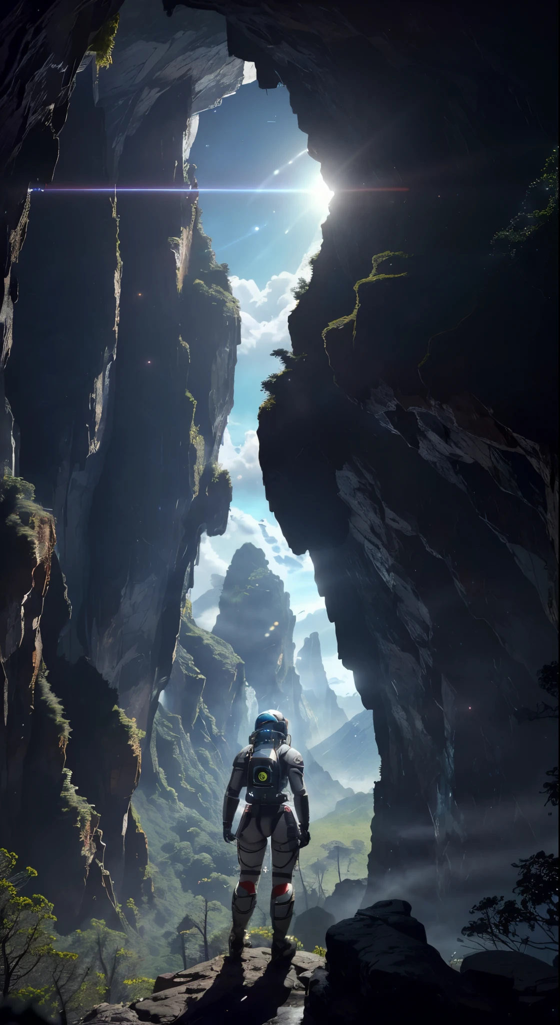 (35mmstyle:1.2), Highly detailed RAW color Photo, Rear Angle, Full Body, of (female space marine, wearing white and red space suit, futuristic helmet, tined face shield, rebreather, accentuated booty), outdoors, (standing on Precipice of tall rocky mountain, looking out at magical lush green rain forest on alien planet), vivid detail, (exotic alien planet), toned body, big butt, (sci-fi), (mountains:1.1), (lush green vegetation), (two moons in sky:0.8), (highly detailed, hyperdetailed, intricate), (lens flare:0.7), (bloom:0.7), particle effects, raytracing, cinematic lighting, shallow depth of field, photographed on a Sony a9 II, 35mm wide angle lens, sharp focus, cinematic film still from Gravity 2013, viewed from behind, dynamic angle