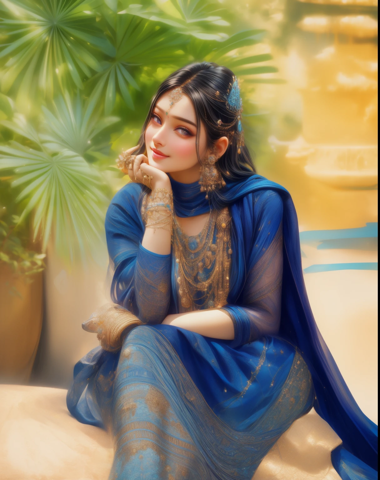 a close up of a woman holding a lit candle in her hands, hindu aesthetic, beautiful digital artwork, indian goddess, beautiful digital illustration, stunning digital illustration, beautiful avatar pictures, gorgeous digital painting, beautiful goddess, beautiful character painting, beautiful digital painting, artgerm and atey ghailan, beautiful lit, by Max Dauthendey, glowing flowing hair, wearing a blue cloth, big smile on her face