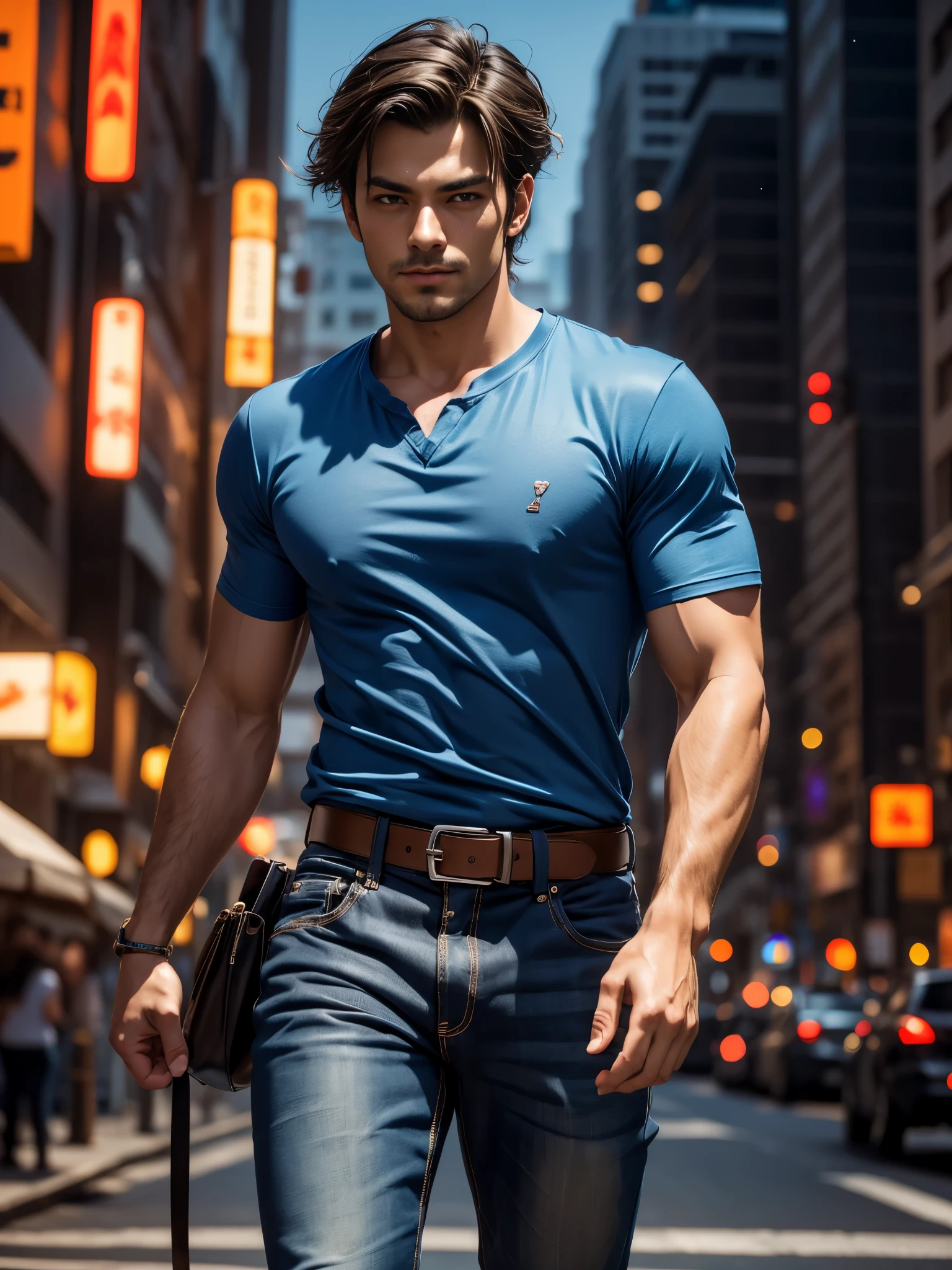 resolution,realisitic,cute and handsome trangener,18-years old,fully body,perfect,highlighting eyes,gura,fleshy lips,muscular thorax,feminine features on a masculine body,casual outfit,naturallight,confident pose,Urban Background