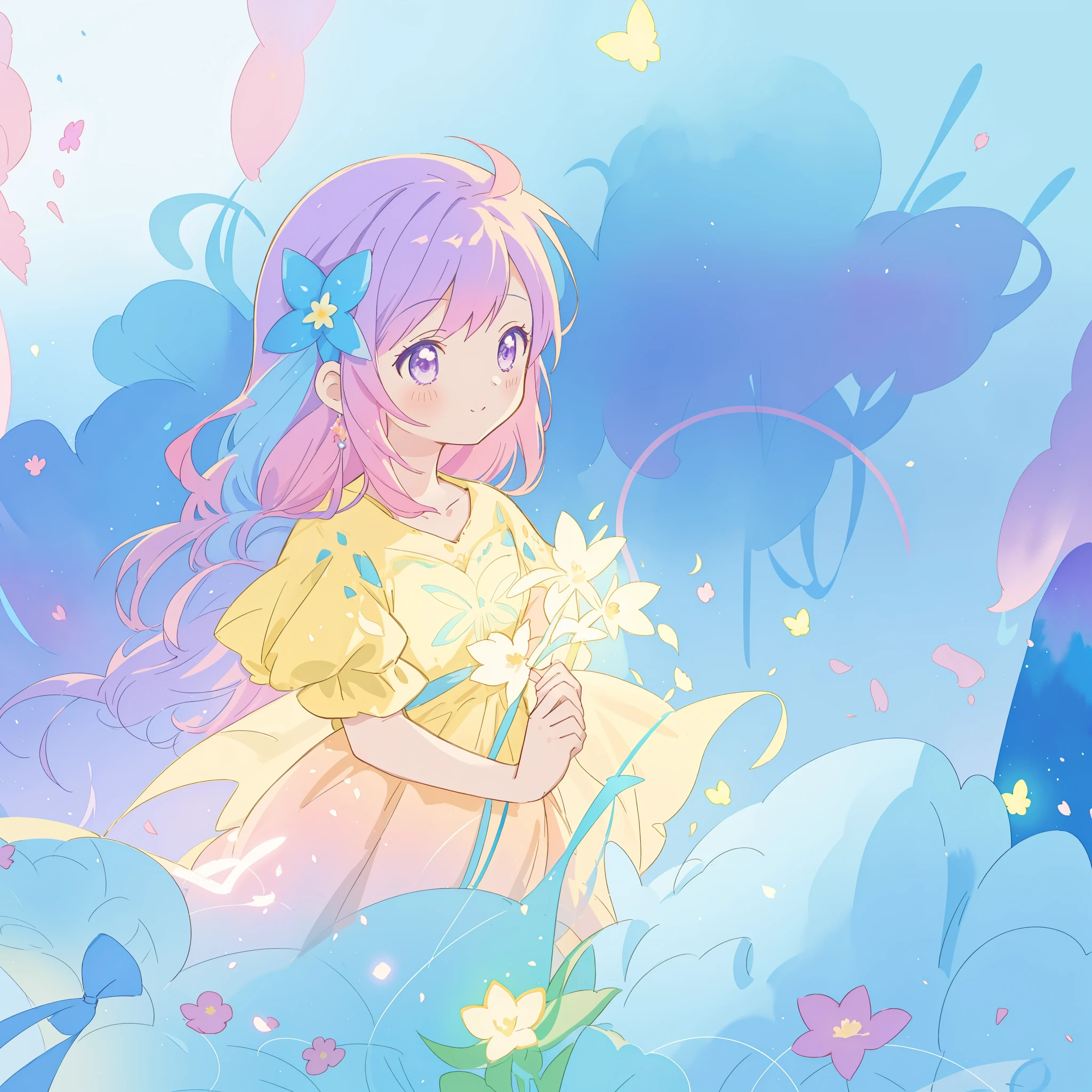 beautiful girl in yellow minut gradient flowing dress, long flowing blue purple pink hair, colorful fantasia background, watercolor illustration, disney art style, glowing aura around her, glowing lights, beautiful digital illustration, fantasia otherworldly landscape plants flowers, beautiful, masterpiece, best quality, anime disney style