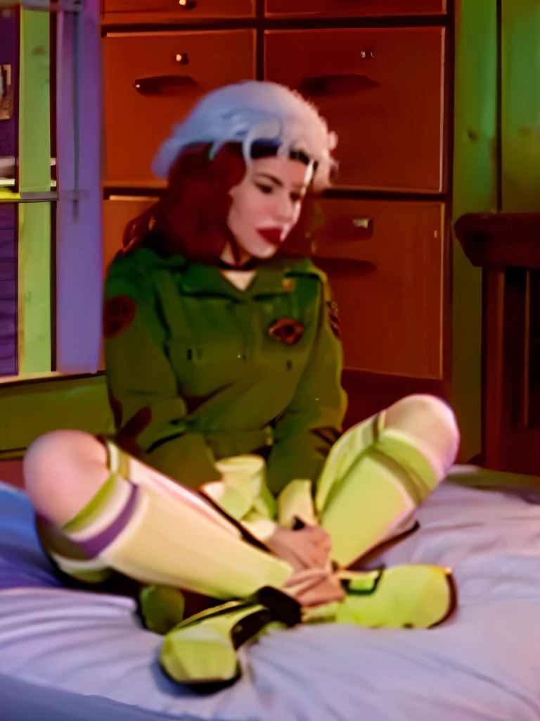 Animated young girl laying on bed blushing look away and spreads her legs showing her wet tight pussy