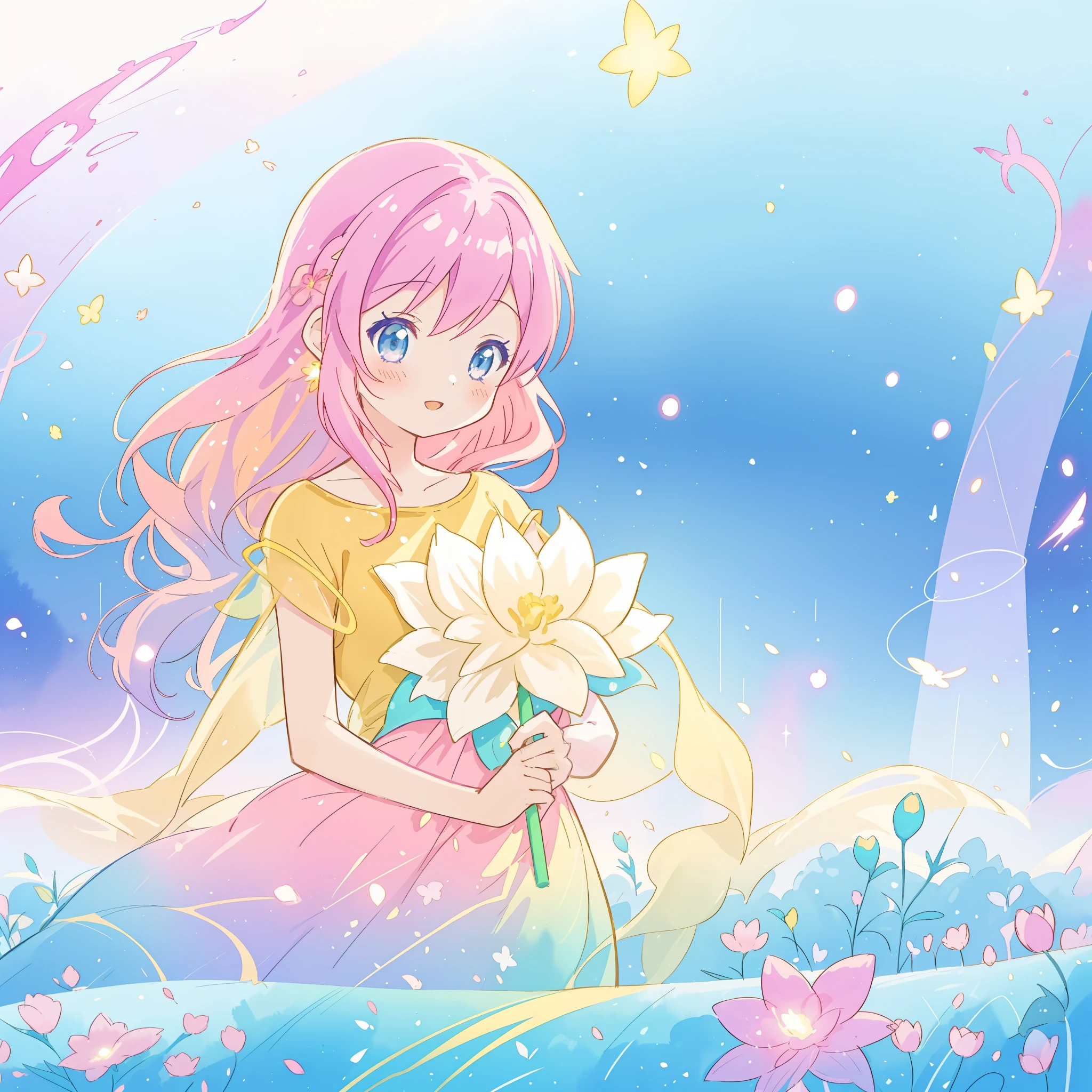 beautiful girl in yellow minut gradient flowing dress, long flowing blue purple pink hair, colorful fantasia background, watercolor illustration, disney art style, glowing aura around her, glowing lights, beautiful digital illustration, fantasia otherworldly landscape plants flowers, beautiful, masterpiece, best quality, anime disney style