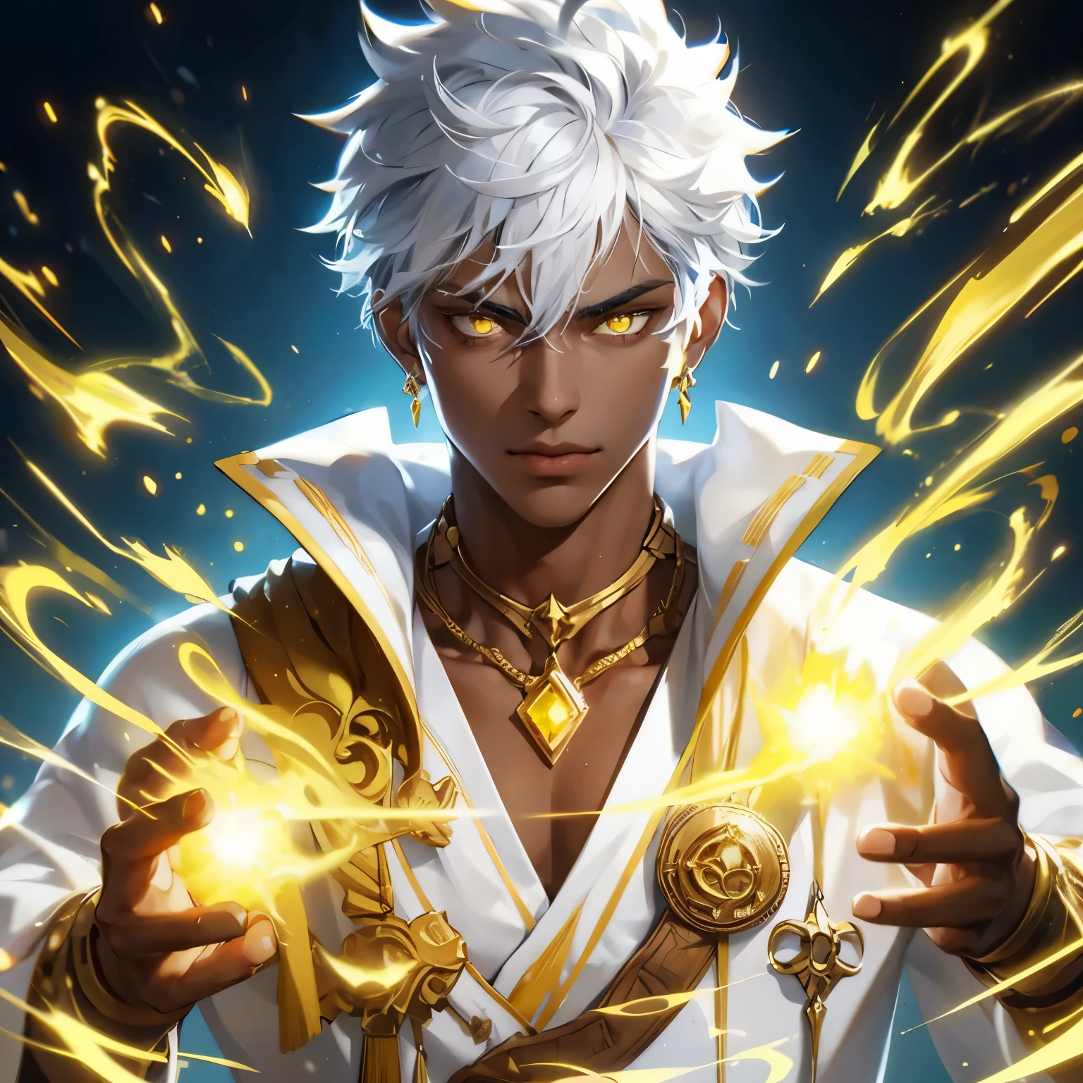 Create a face card portrait for a character description capturing the character's face. A young 25 year old male african character with white hair, yellow glowing eyes, wearing a white and gold Mage warrior gear, he looks tough and dusty. He's a great warrior, he is angry, he's powerful, dark theme, detailed background of the light forces, yellow light explosion in background, dark blue colors, very close up picture with face, detailed, 4k, only face in the picture, close up shot of face, do not show below the neck, extremely close up shot, straight portrait, Ensure the focus is on a straightforward, centered composition with a clear, direct gaze