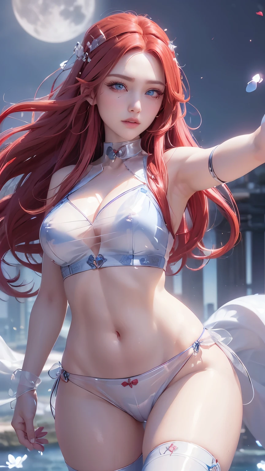 (logo, masterpiece, 8k, table top, RAW photo, wonderful, 最high quality, Photorealistic and hvery detailed CG integrated 8k wallpaper, high quality, very detailed, Narrative poem, particle effects, dynamic effects, written boundary depth, cinematic light, Lens flare, ray tracing, cloud,colorful)), fantasy, ((1 beautiful woman, clear blue eyes, red long hair, beautiful face, real face, beautiful detailed eyes, beautiful skin, woman dancing gracefully:1.7, woman dancing gracefully:1.7)), 長い髪がWindでなびく, long hair bounces, 長い髪がWindで踊る, hair jump, halter neck, red leather pants, red leather jacket, Red pantsuit, silver earrings, ((night, Wind, darkness, moon light, full moon, night空, Wind, cherry blossoms, cherry blossomsの花びらが舞っている, cherry blossoms吹雪, falling petals, flying petals))
