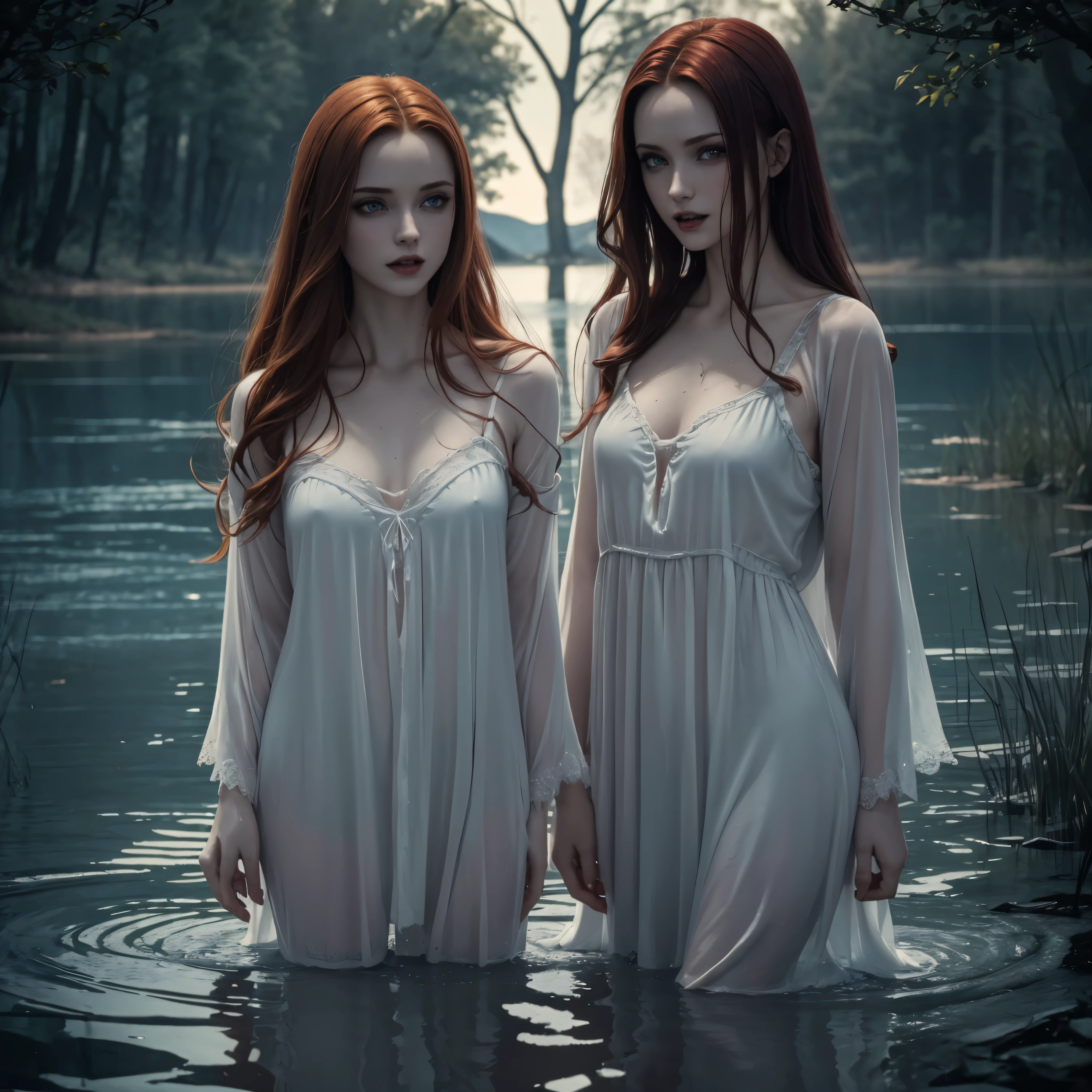 ((Night)) ((a deserted lake)) 3 Vampire women, (full body), 1 brunette, 1 redhead, 1 blonde, pale skin, fangs bared, sexy pale nightgown, looking at viewer, rises out of the water, soaking wet. style of a painted book illustration, dramatic lighting, (depth of field), ((masterpiece)), ((best quality)), ((highly detailed))