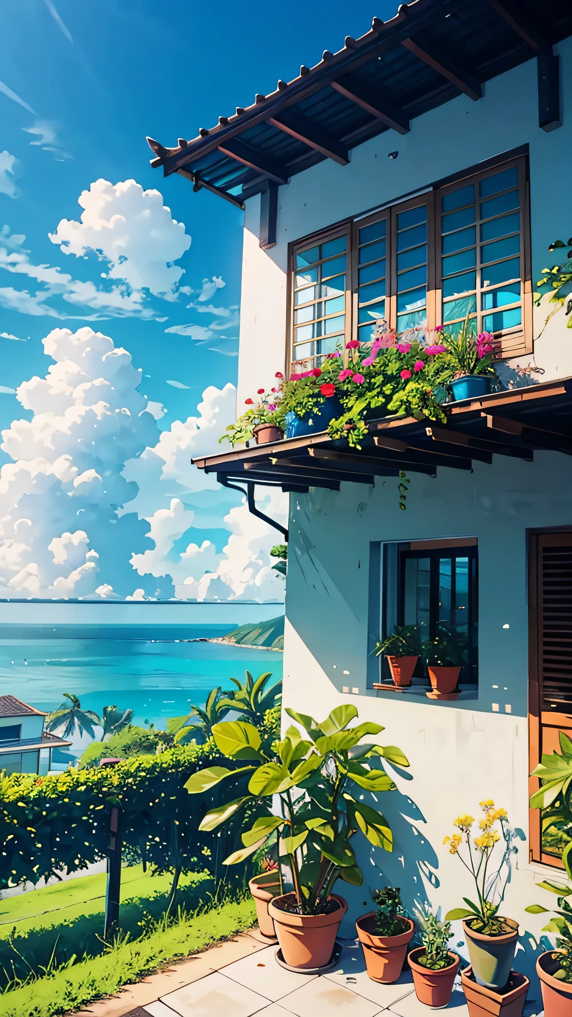 scenery,sky,plant,tree,outdoors,day,house,potted plant,building,no humans,cloud,window,blue sky,indonesia,sea,modern