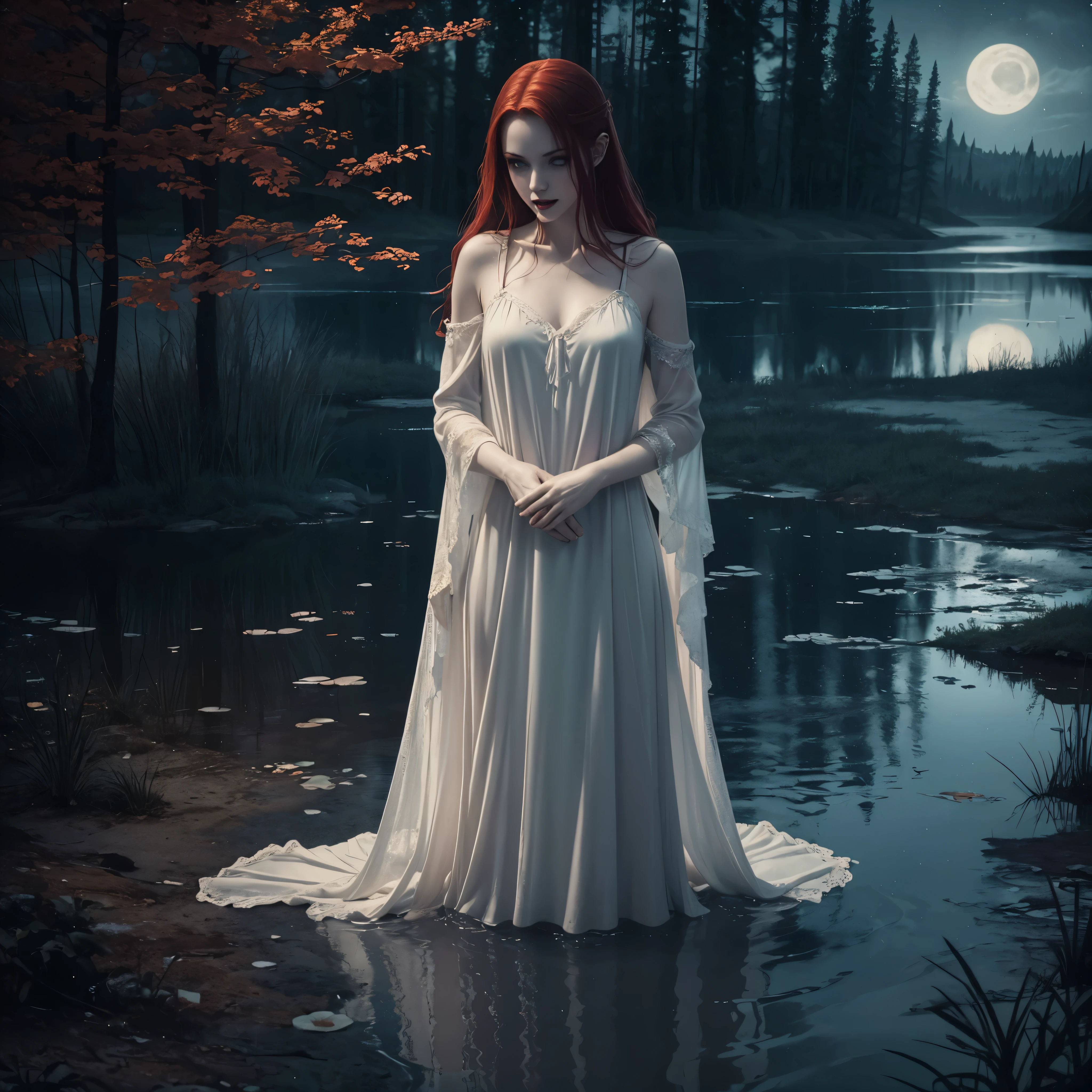 ((Night)) ((a deserted lake)) 3 women, vampires, (full body), 1 brunette, 1 redhead, 1 blonde, pale skin, fangs bared, sexy pale nightgown, looking at viewer, rises out of the water, soaking wet. style of a painted book illustration, dramatic lighting, (depth of field), ((masterpiece)), ((best quality)), ((highly detailed))