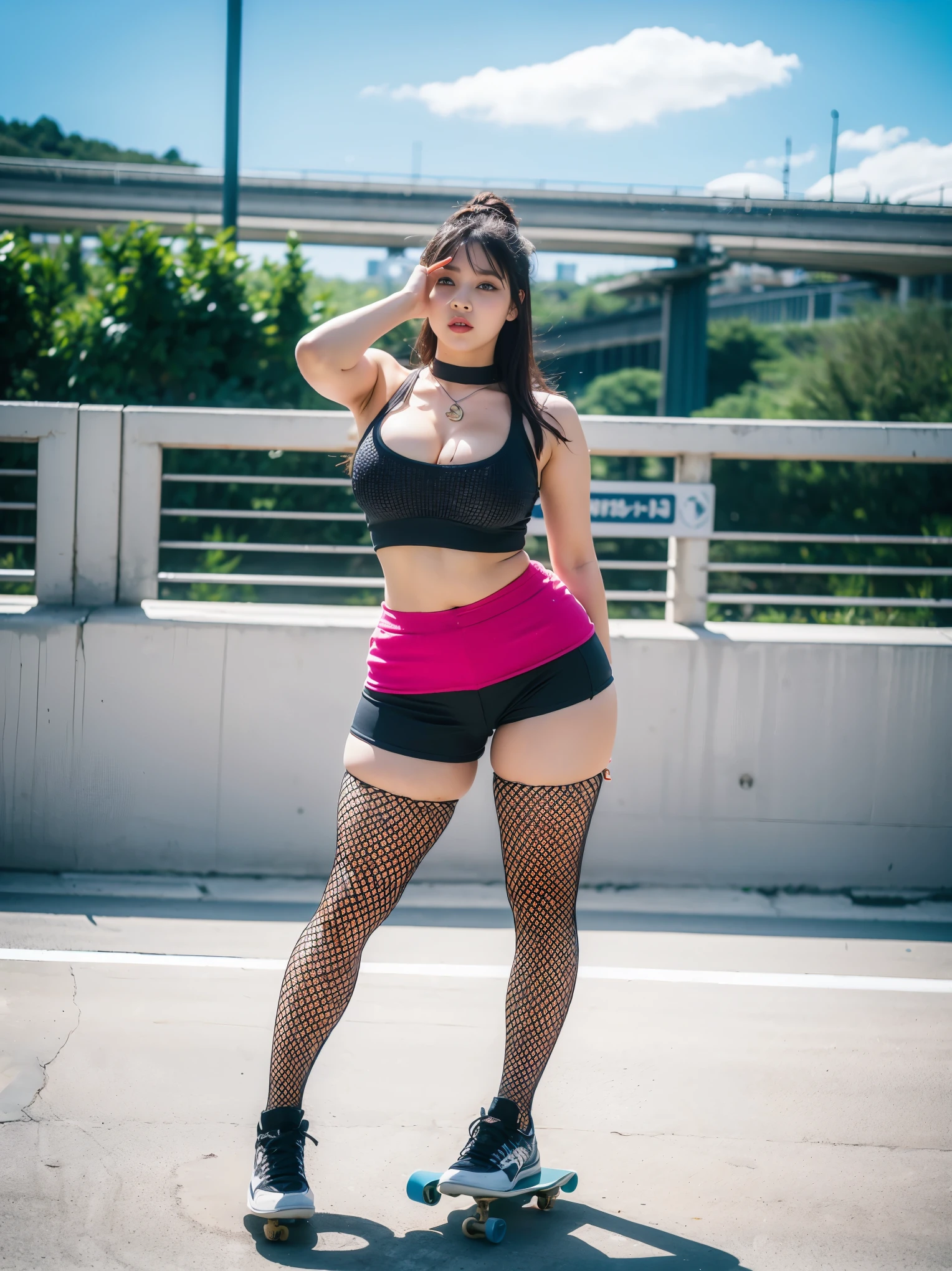 Downhill skateboarding, highway, action photoshoot, 1girl, teen, asian, (Thick body:0.5), ( outfit:1.5), (hotpants:1.3) (Dynamic skateboarding pose:1.3), skateboarding on the highway, knee guard, fishnet legging, exposed , exposed belly, (hotify:1.4),
