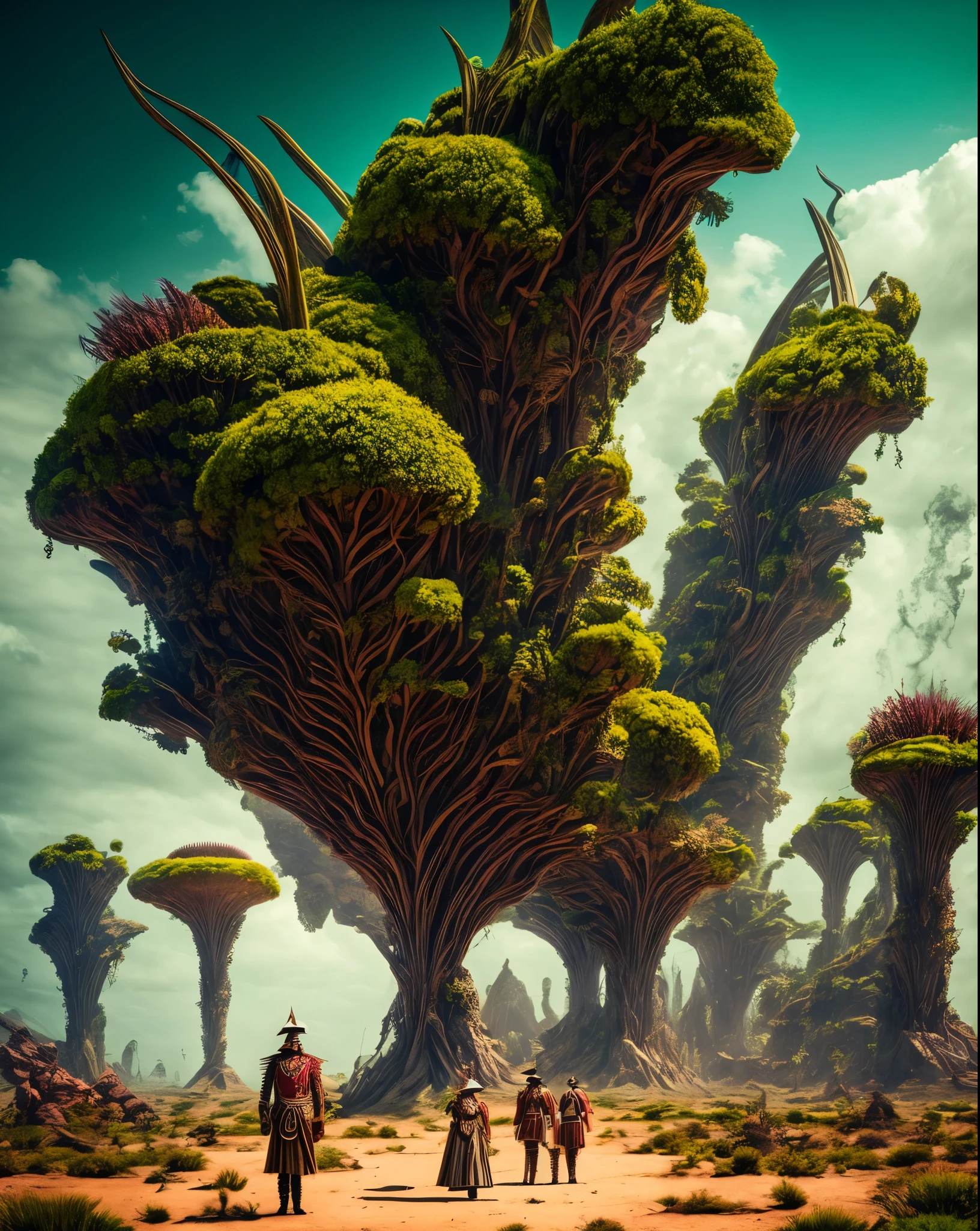 Humans in period costumes，alien worlds，Alien plants，alien monster，an alien landscape