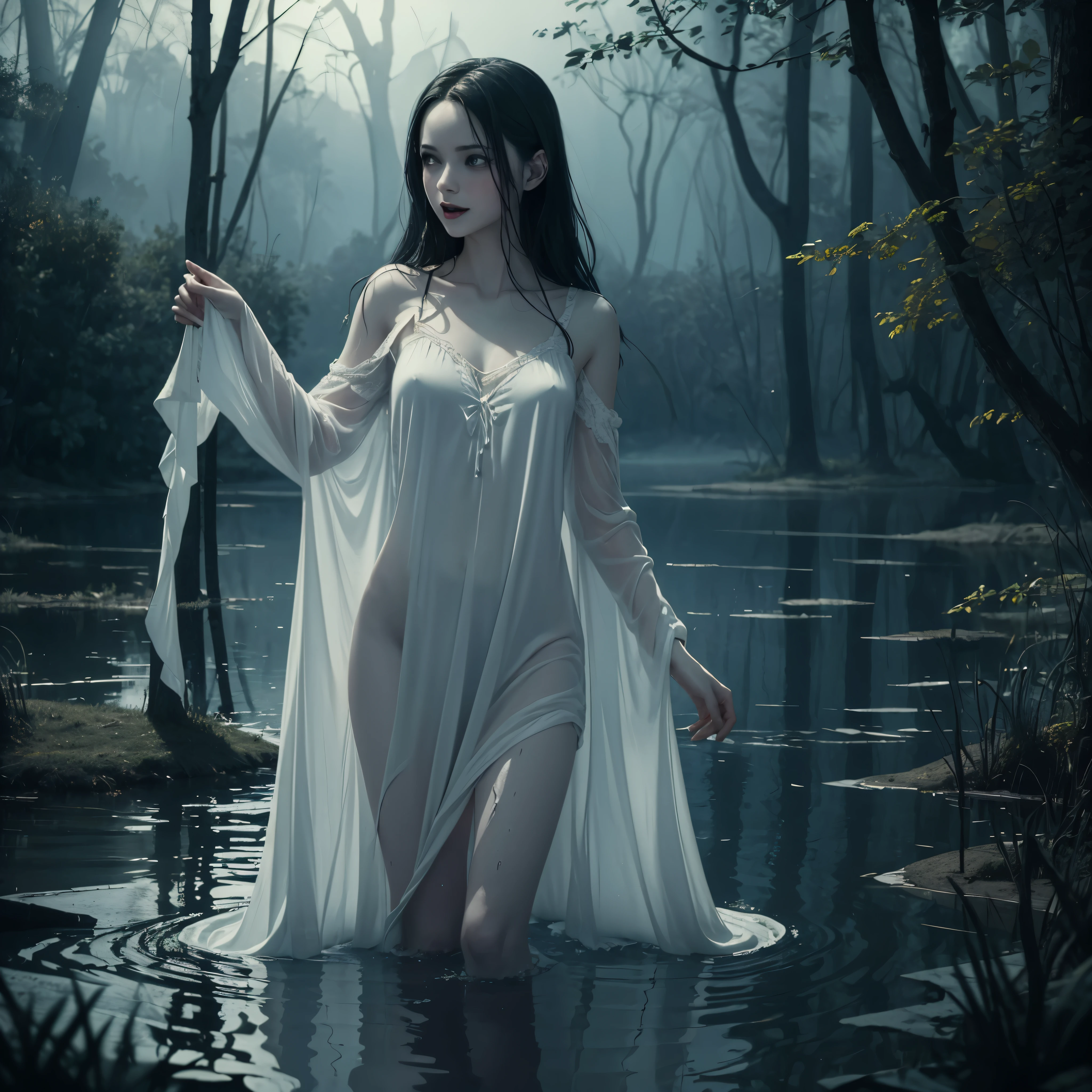 ((Night)) ((a deserted lake)) 3 Vampire women, (full body), pale skin, fangs bared, sexy pale nightgown, looking at viewer, rising out of the water, soaking wet. style of a painted book illustration, dramatic lighting, (depth of field), ((masterpiece)), ((best quality)), ((highly detailed))