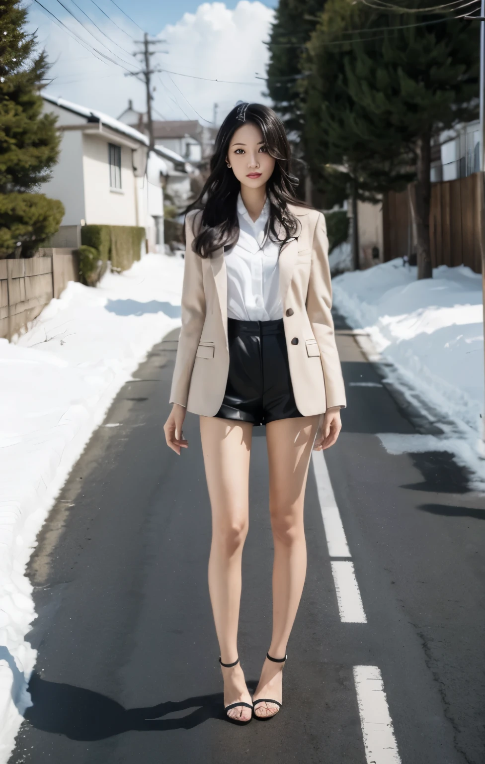 japanese woman, long black hair, beautiful face, double eyelid, black suit, micro shorts, beautiful feet, tall, thighs, barefoot, stiletto heels, heavy snow, Blizzard, snowfall, Blizzard, strong wind, My hair was messed up by the wind