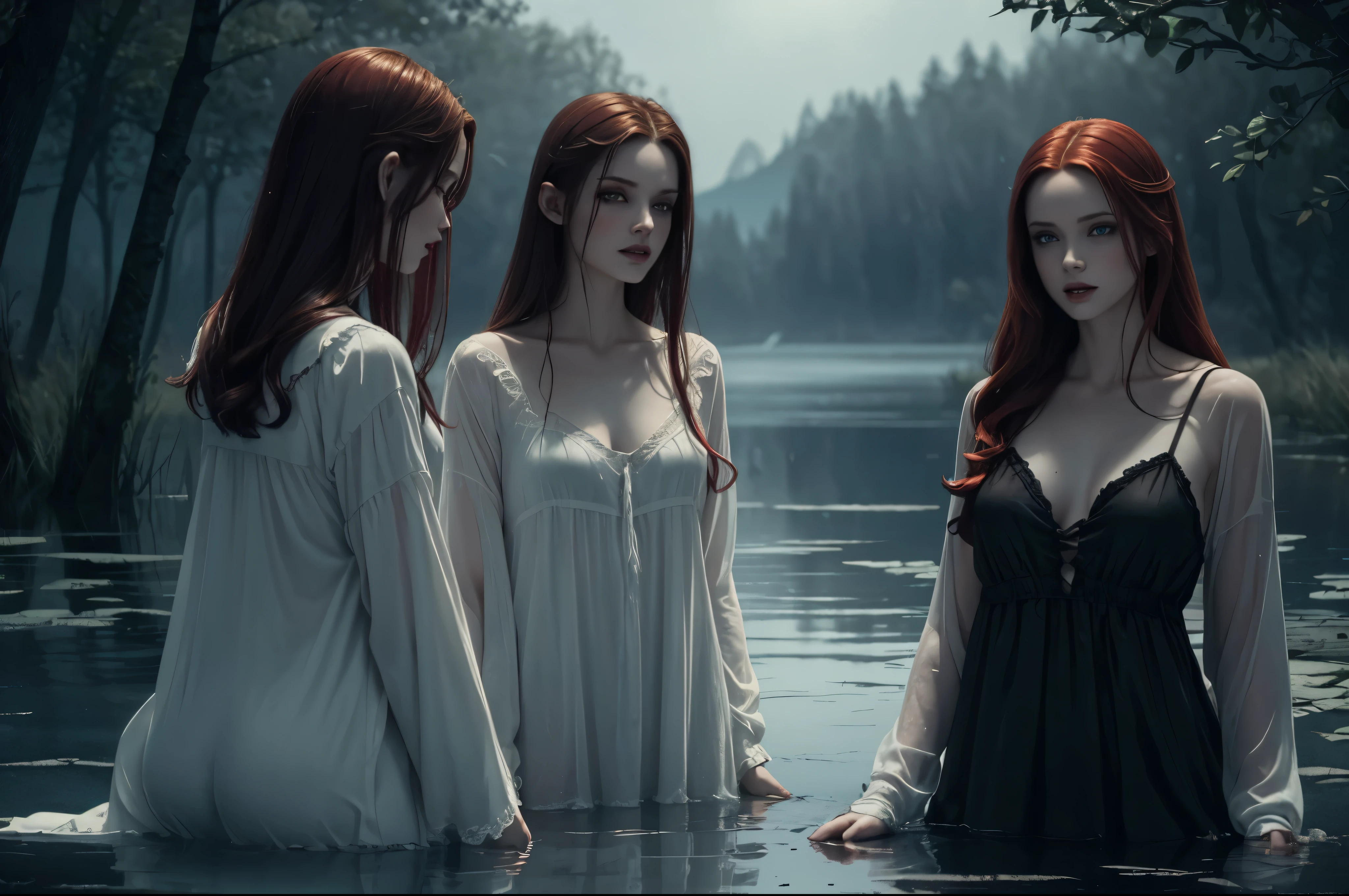 ((Night)) ((a deserted lake)) 3 Vampire women, (full body), 1 brunette, 1 redhead, 1 blonde, pale skin, fangs bared, sexy pale nightgown, looking at viewer, rises out of the water, soaking wet. style of a painted book illustration, dramatic lighting, (depth of field), ((masterpiece)), ((best quality)), ((highly detailed))